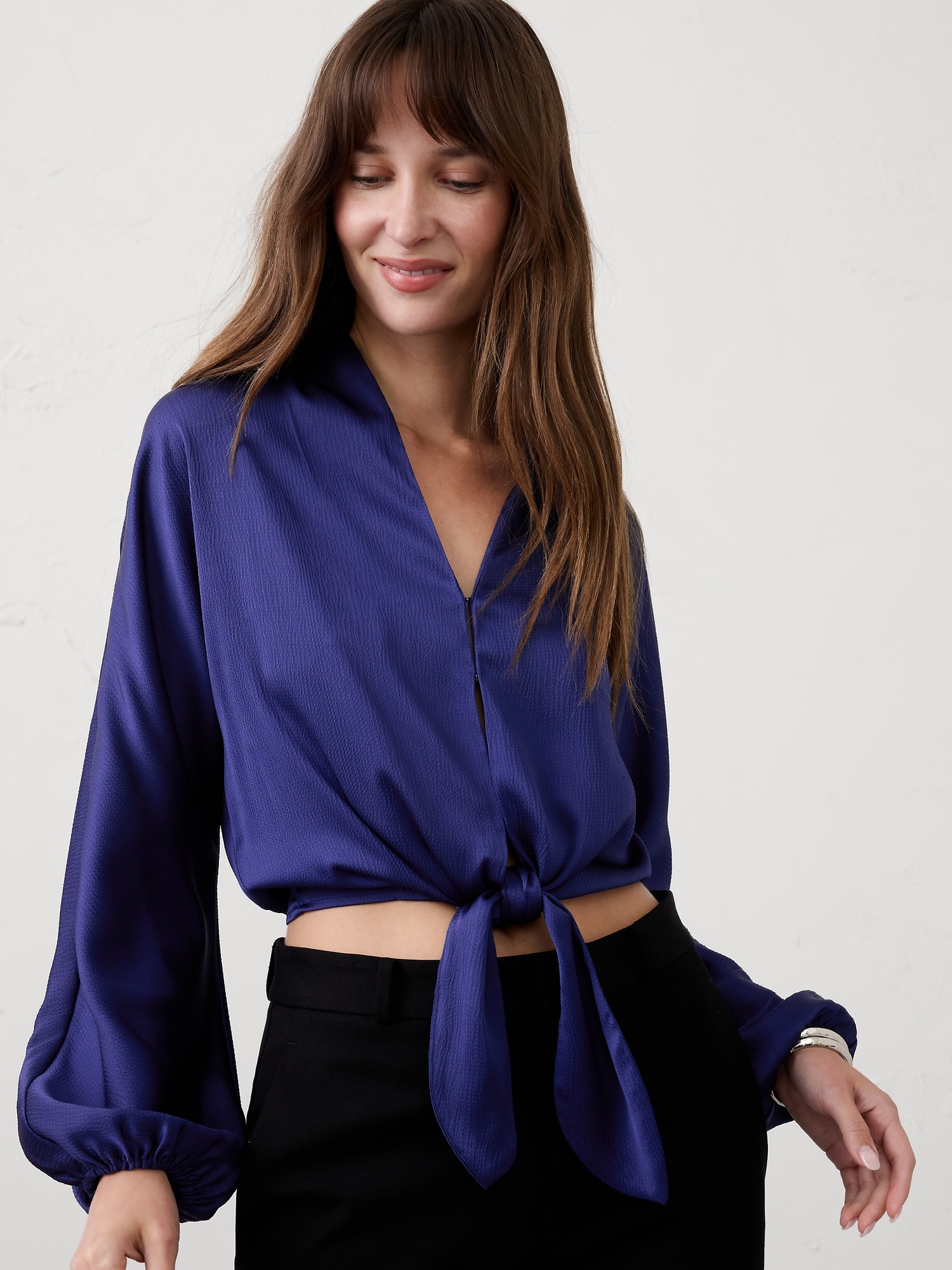 Silky Bubble-Sleeve Top - Drizzle Blue