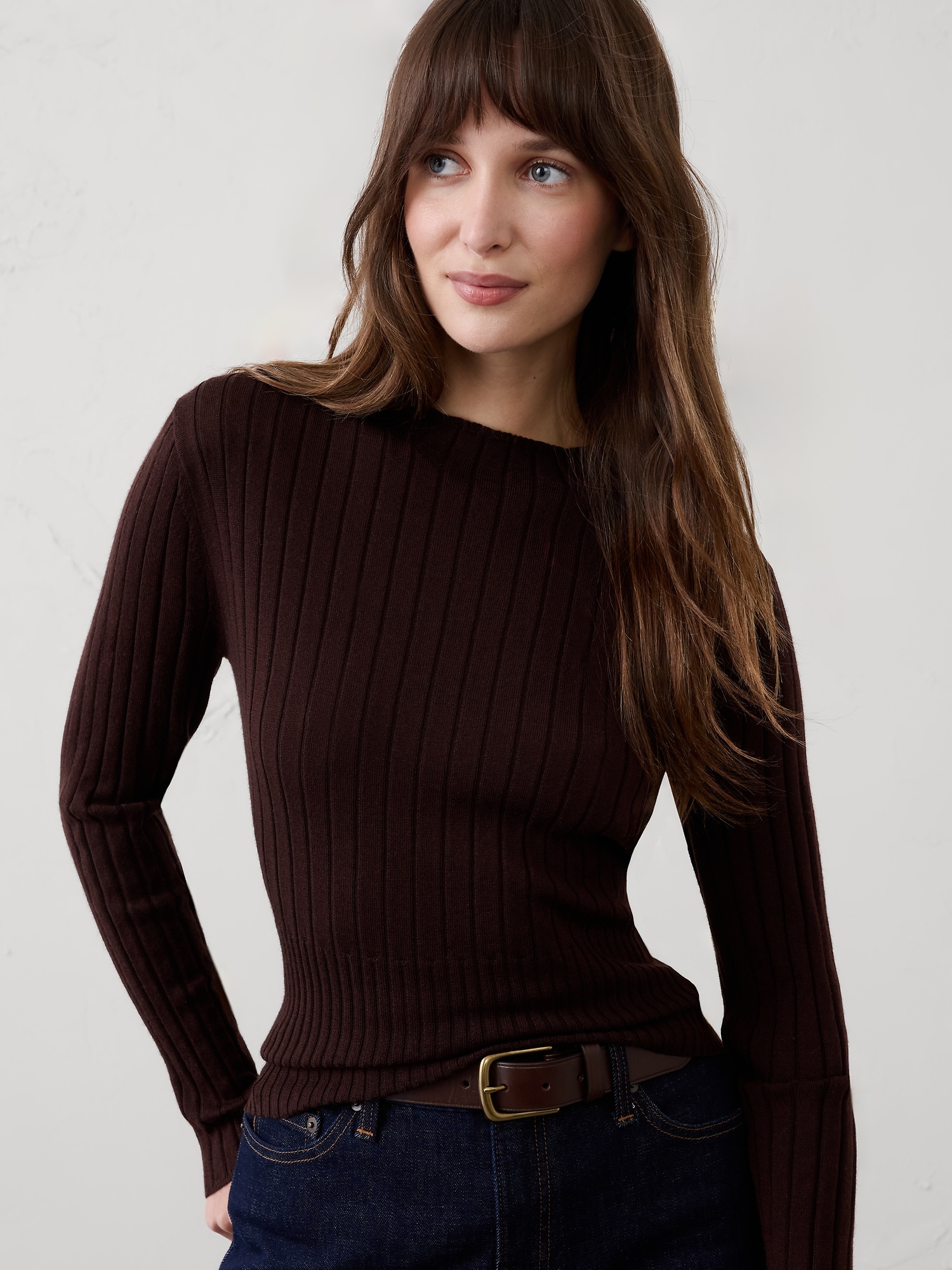 MERINO WOOL RIBBED SWEATER - Dark Oak