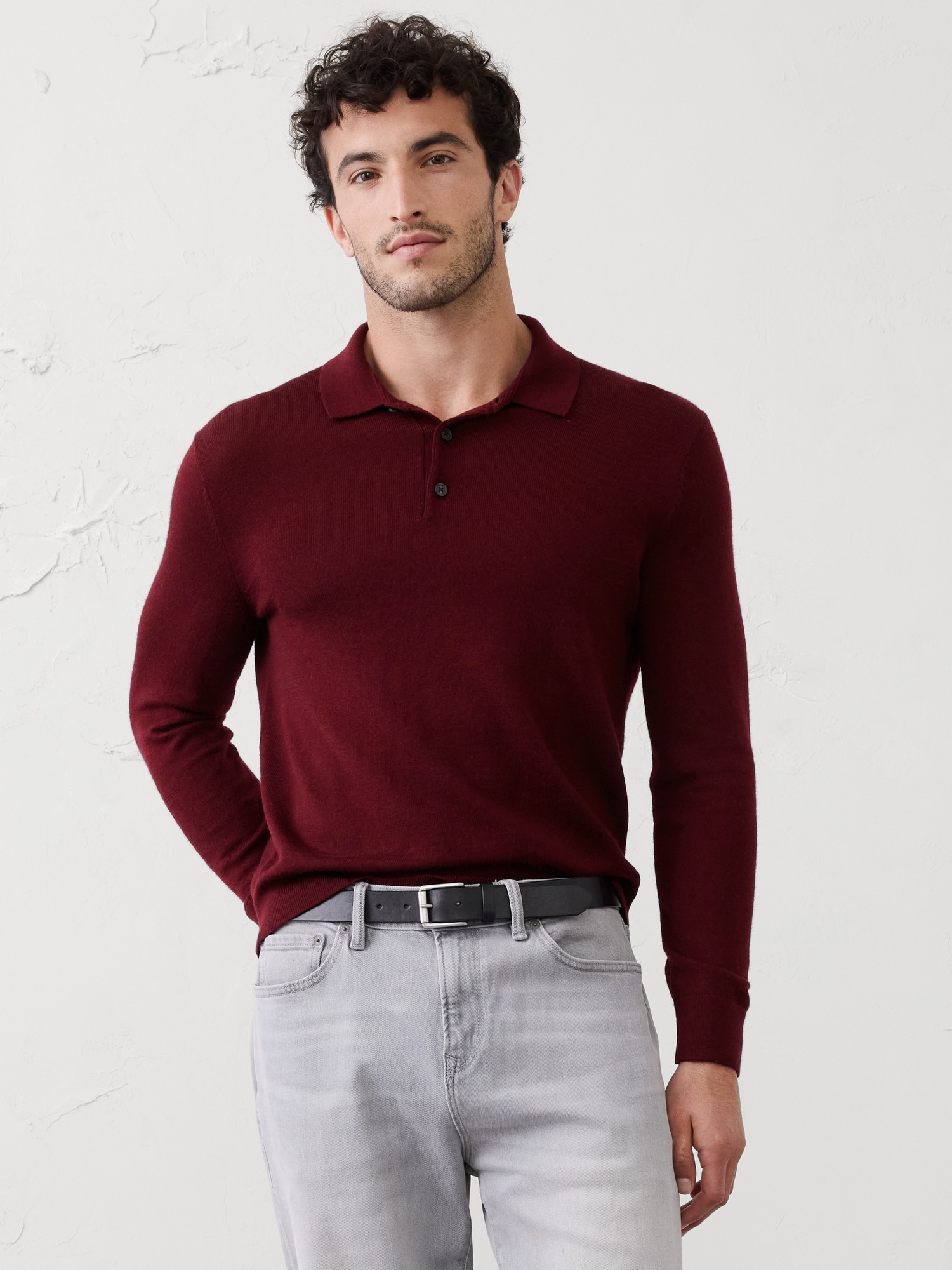 MERINO WOOL POLO SWEATER - Burgundy