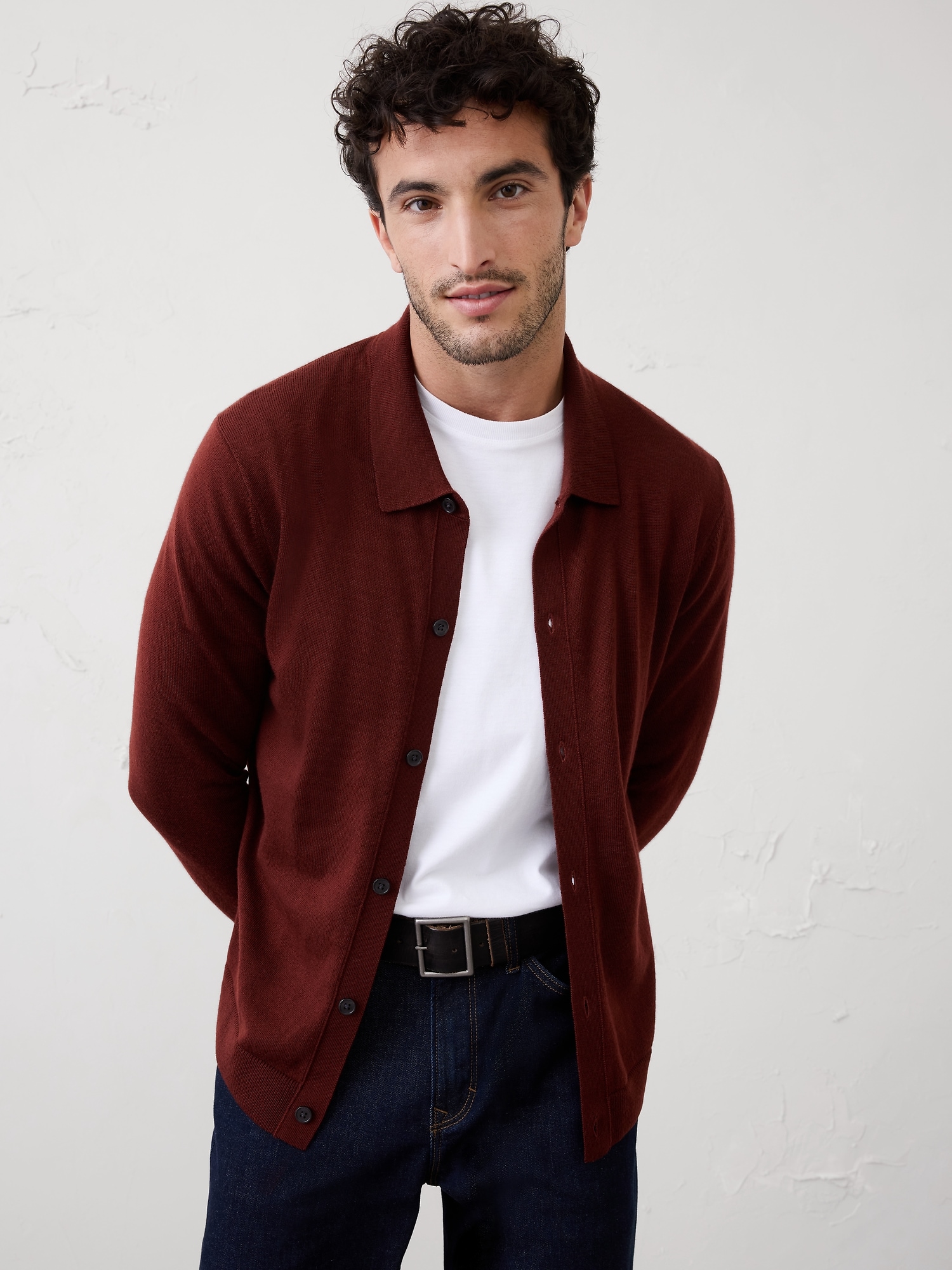 MERINO WOOL BUTTON-THROUGH POLO SWEATER - Rust