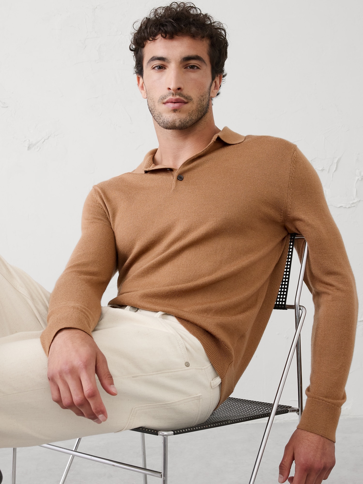 MERINO WOOL POLO SWEATER - Camel