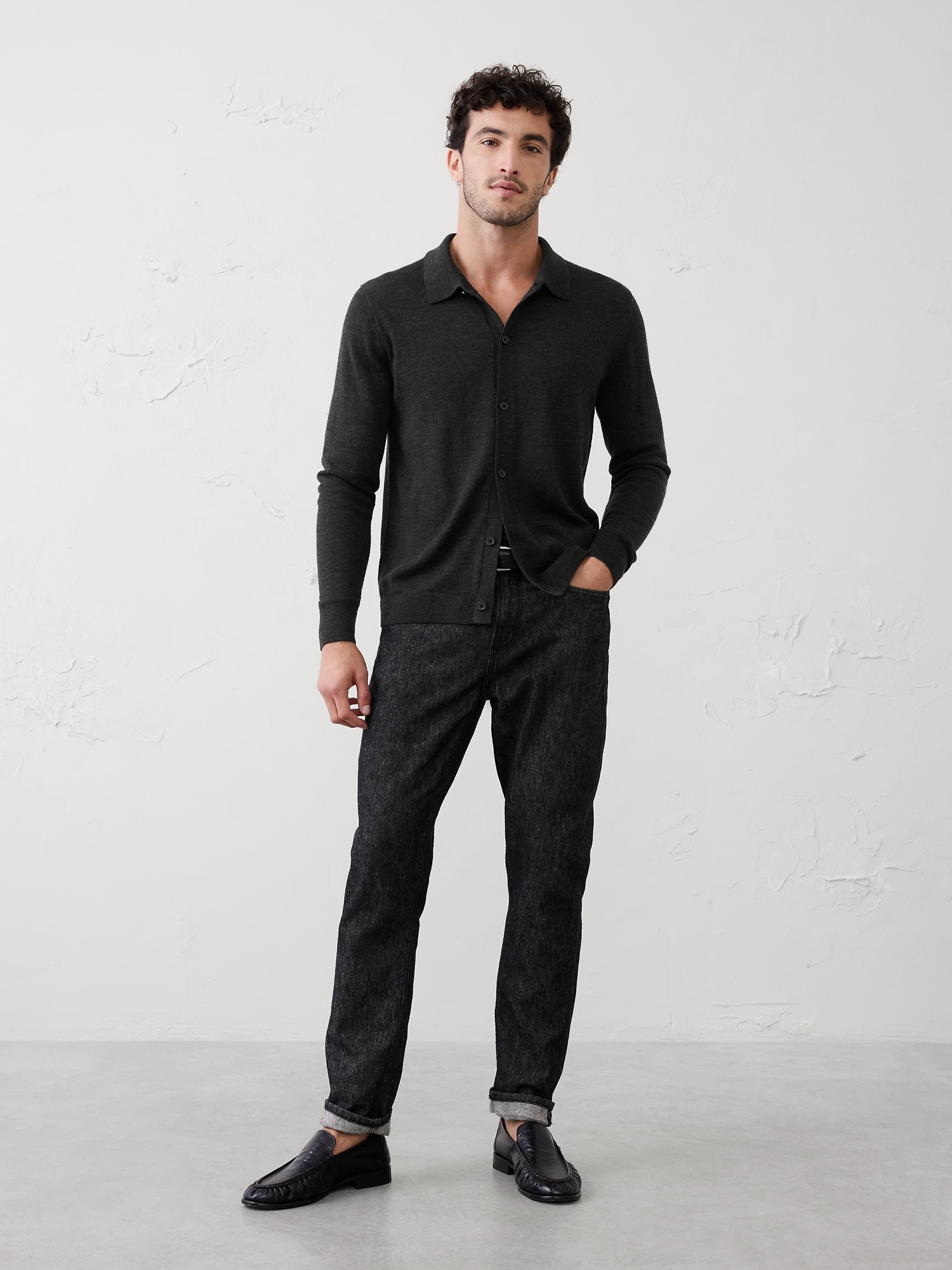 MERINO WOOL BUTTON-THROUGH POLO SWEATER - Dark Charcoal