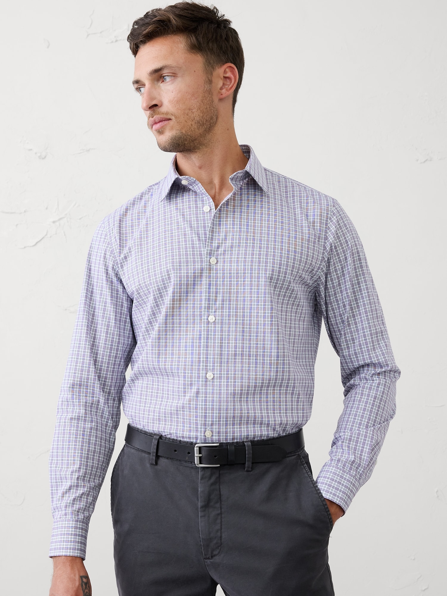 Athletic-Fit Dress Shirt - Brown Plaid