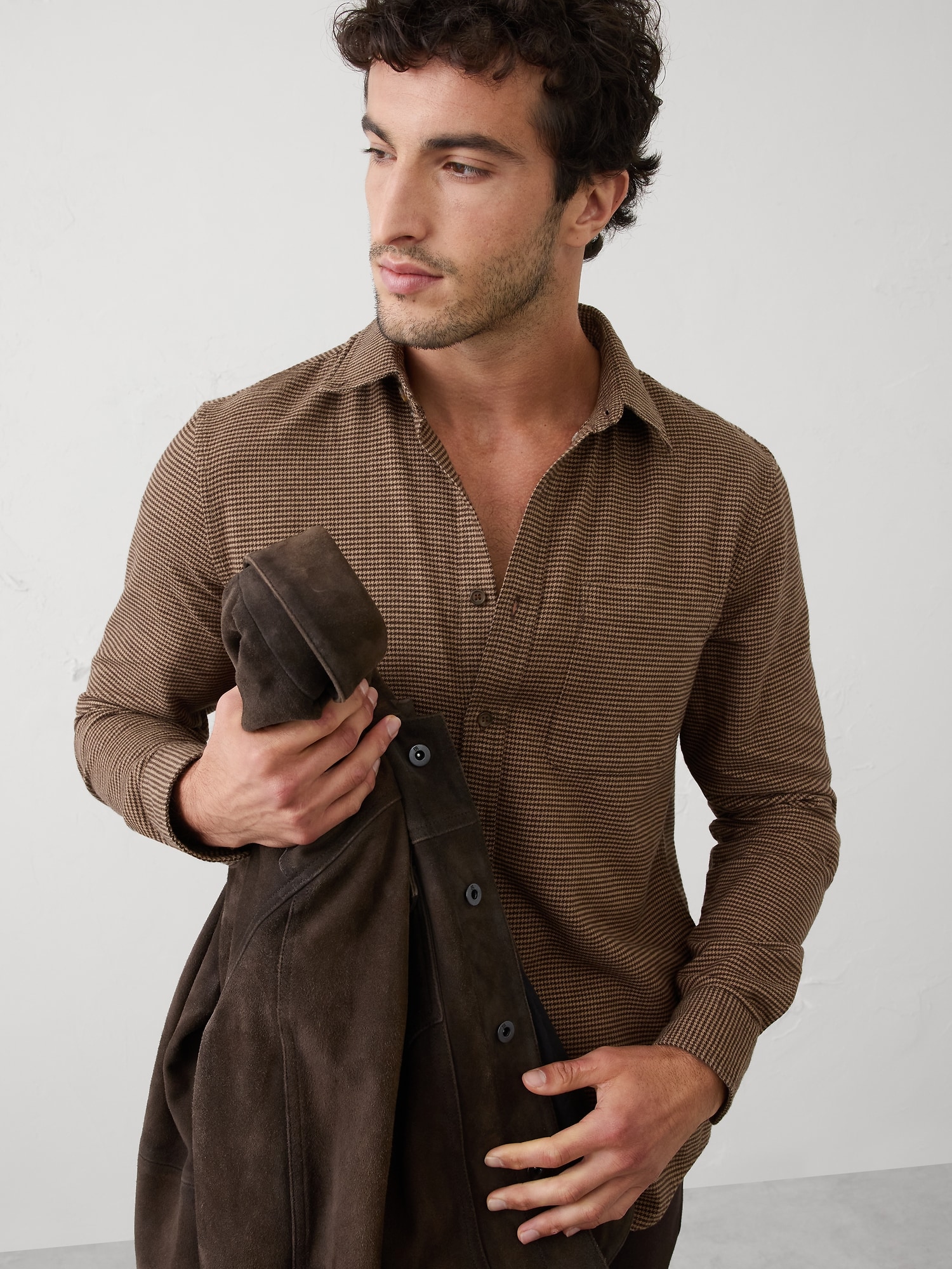 Slim-Fit Lightweight Flannel Shirt - Brown Houndstooth