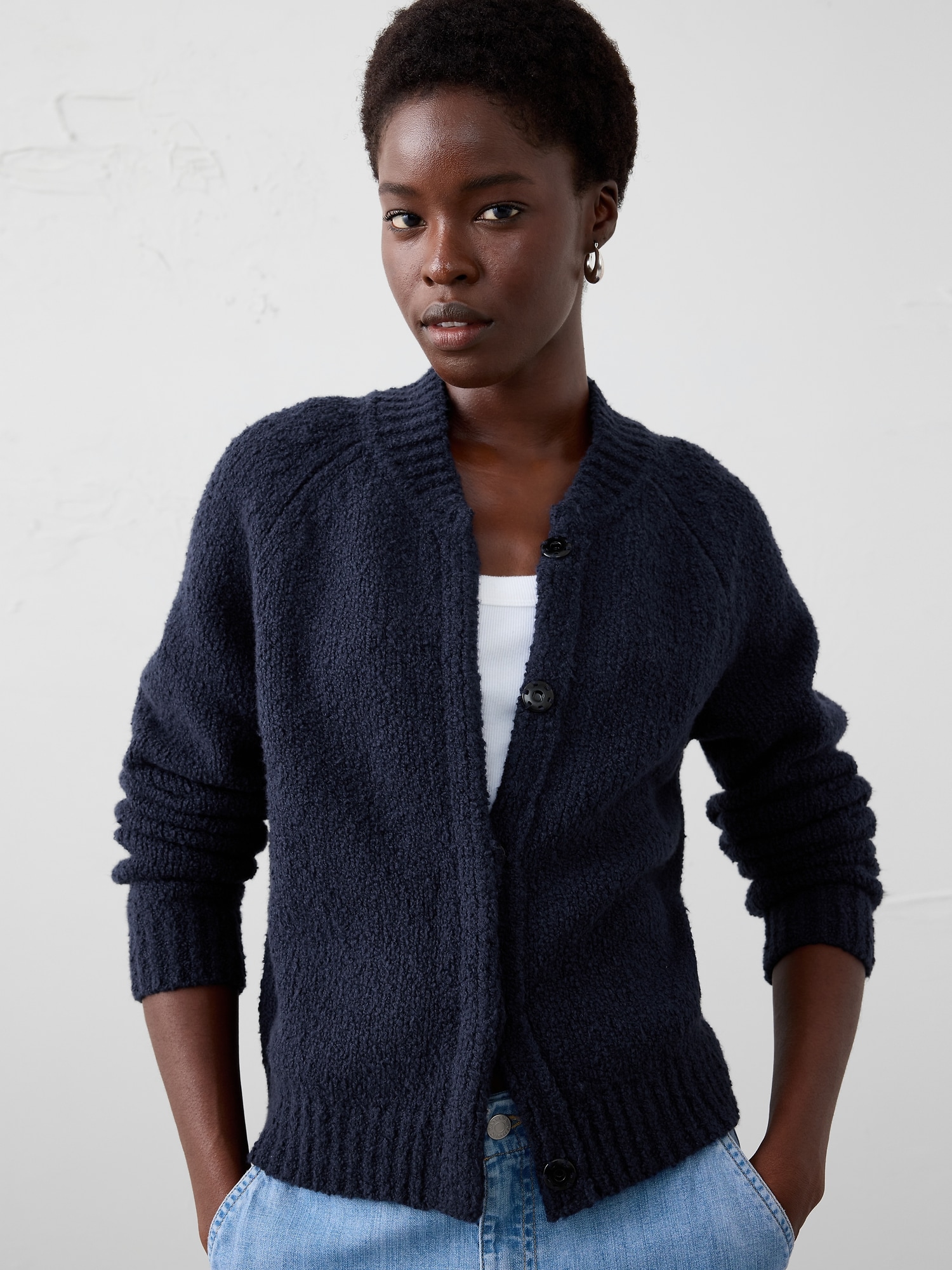 Boucle Bomber Sweater Jacket - Preppy Navy