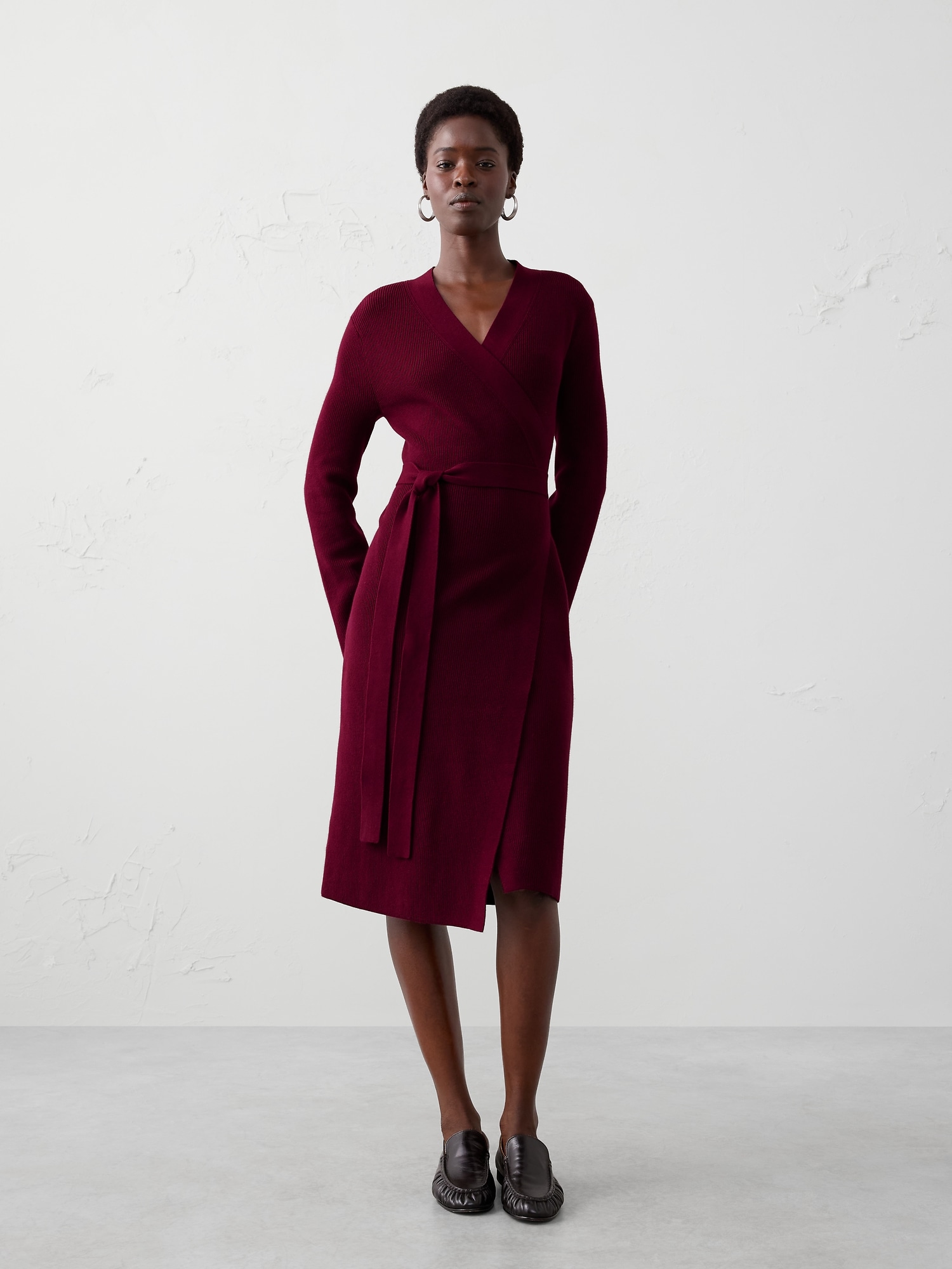 Wrap Knee Length Sweater Dress - Bright Wine