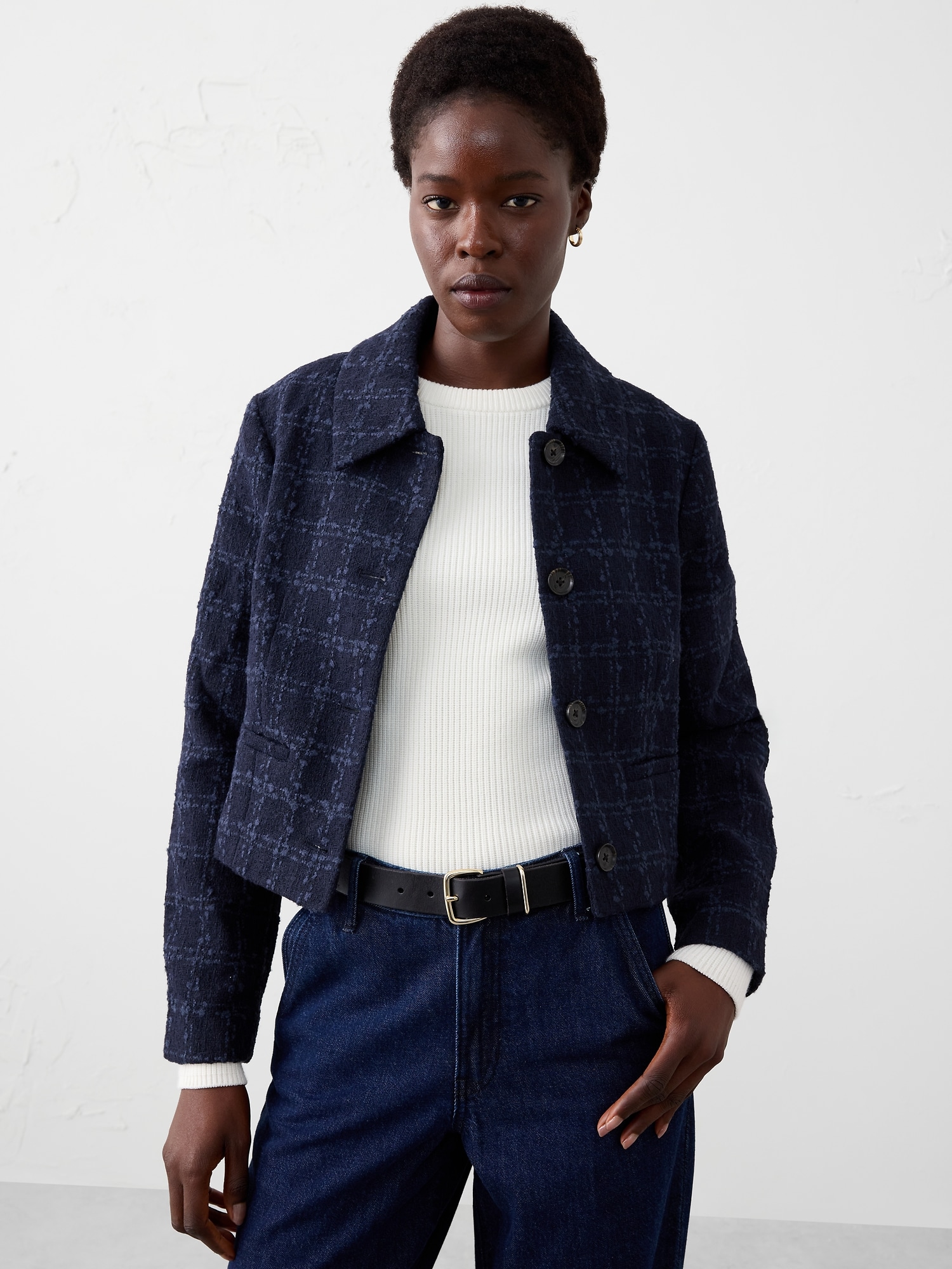 TEXTURED CROPPED JACKET - Navy Plaid