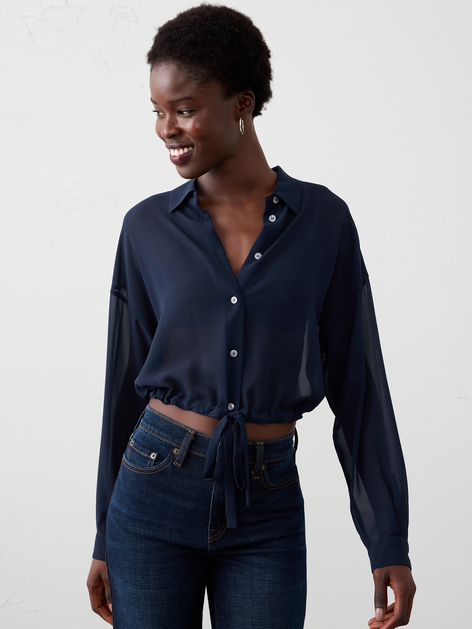 Cinched Hem Shirt - Preppy Navy