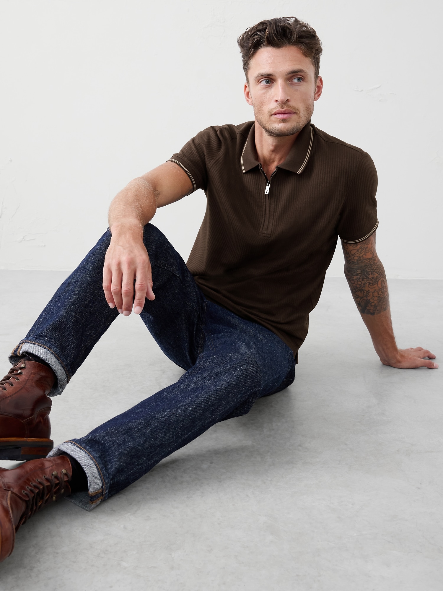 Zip Placket Polo - Dark Oak