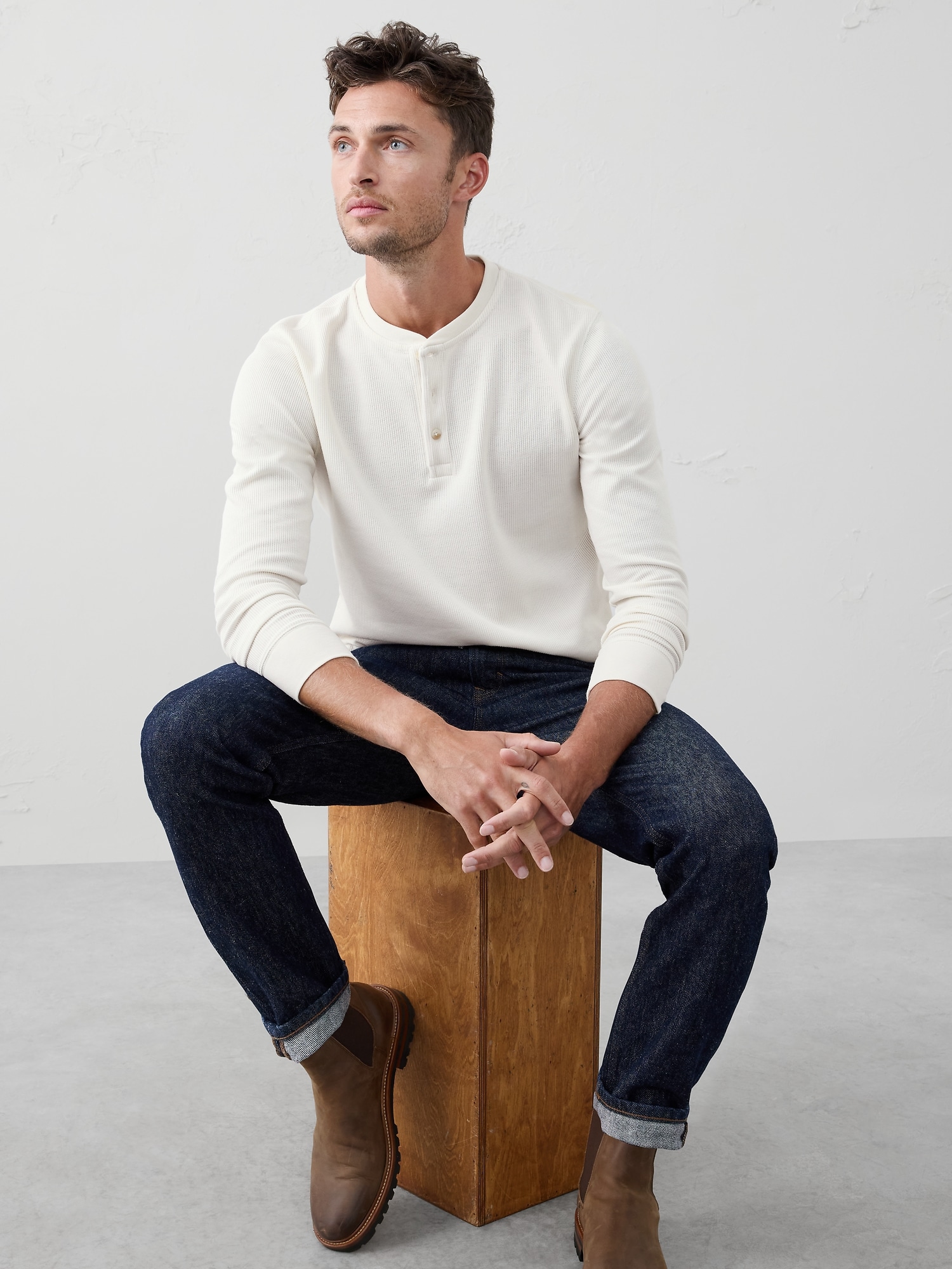 Waffle Knit Henley - Transition Cream