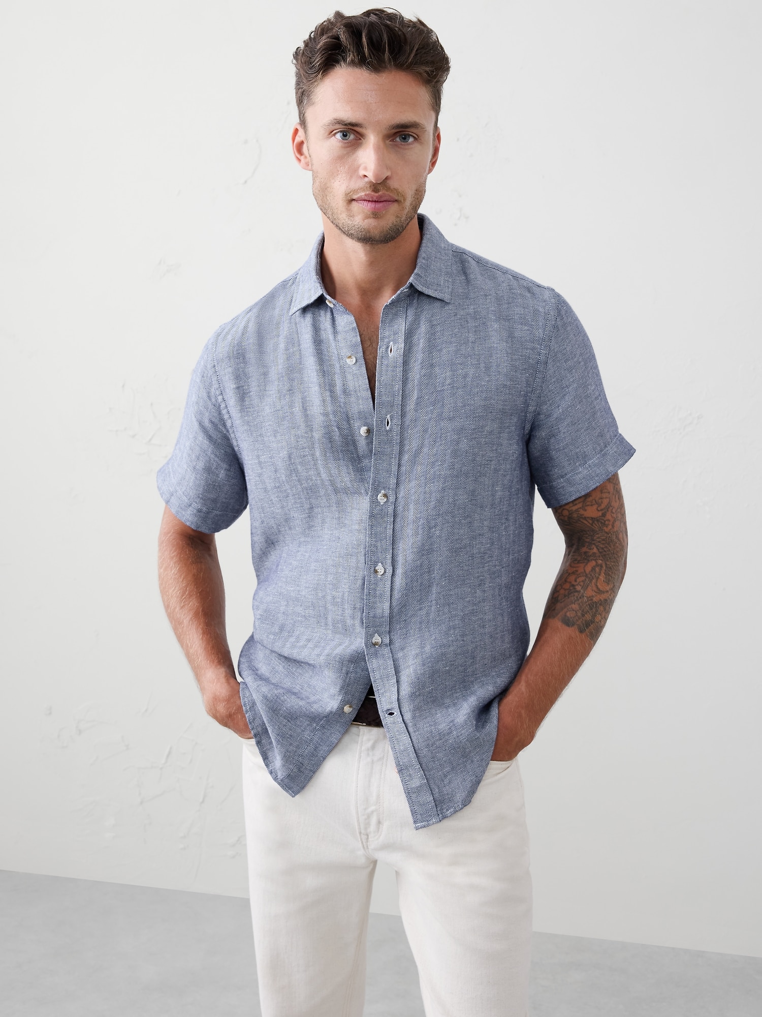 Slim-Fit Linen-Blend Shirt - Dark Navy