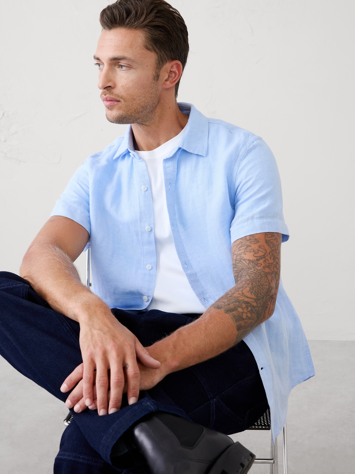 Slim-Fit Linen-Blend Shirt - Light Blue