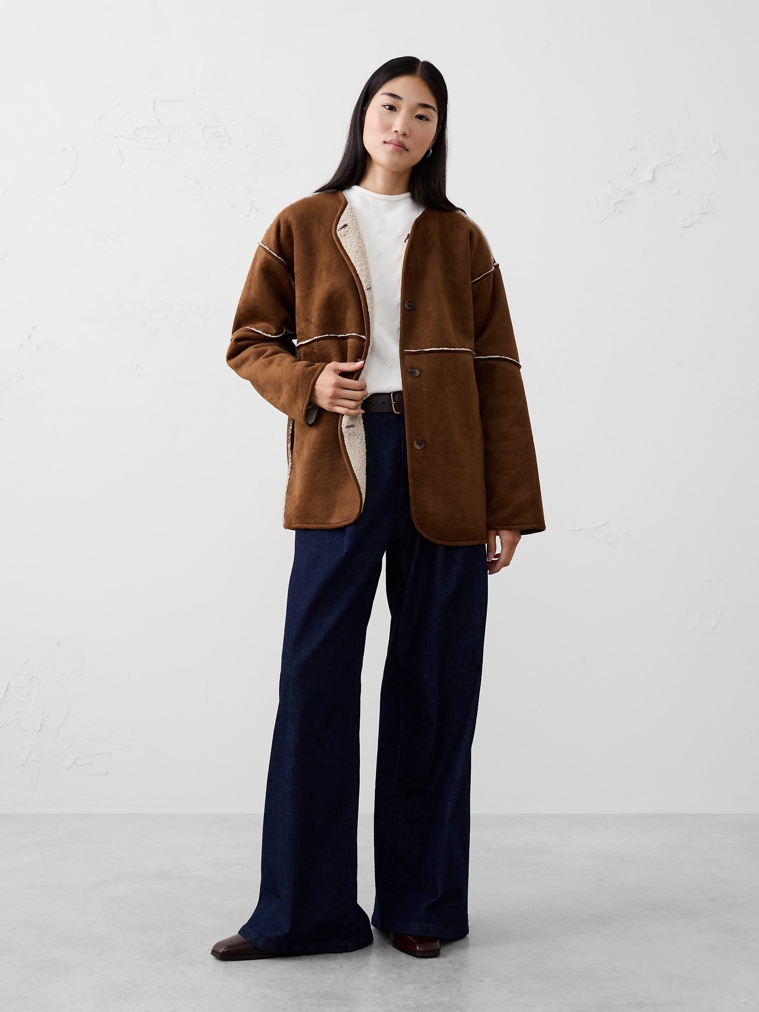 Reversible Vegan Suede Sherpa Jacket - Oxford Brown