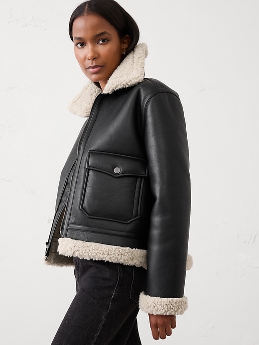 Faux Shearling Vegan Leather Bomber Jacket