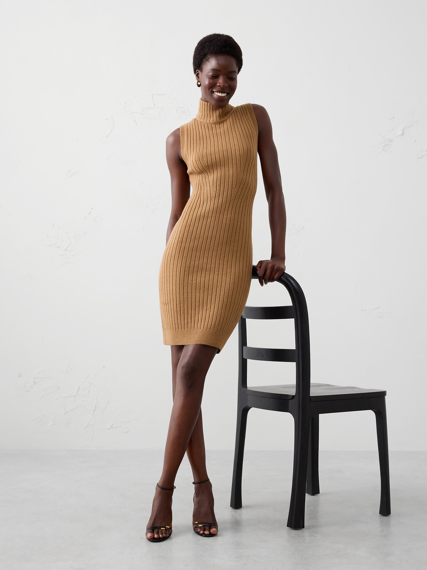 Ribbed Mini Sweater Dress - Dark Camel