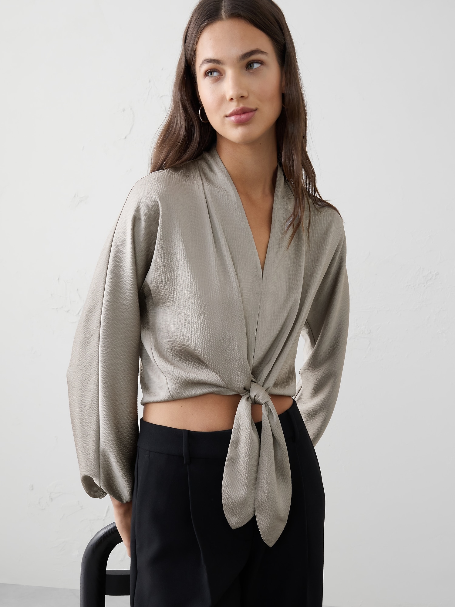 Silky Bubble-Sleeve Top - Silver