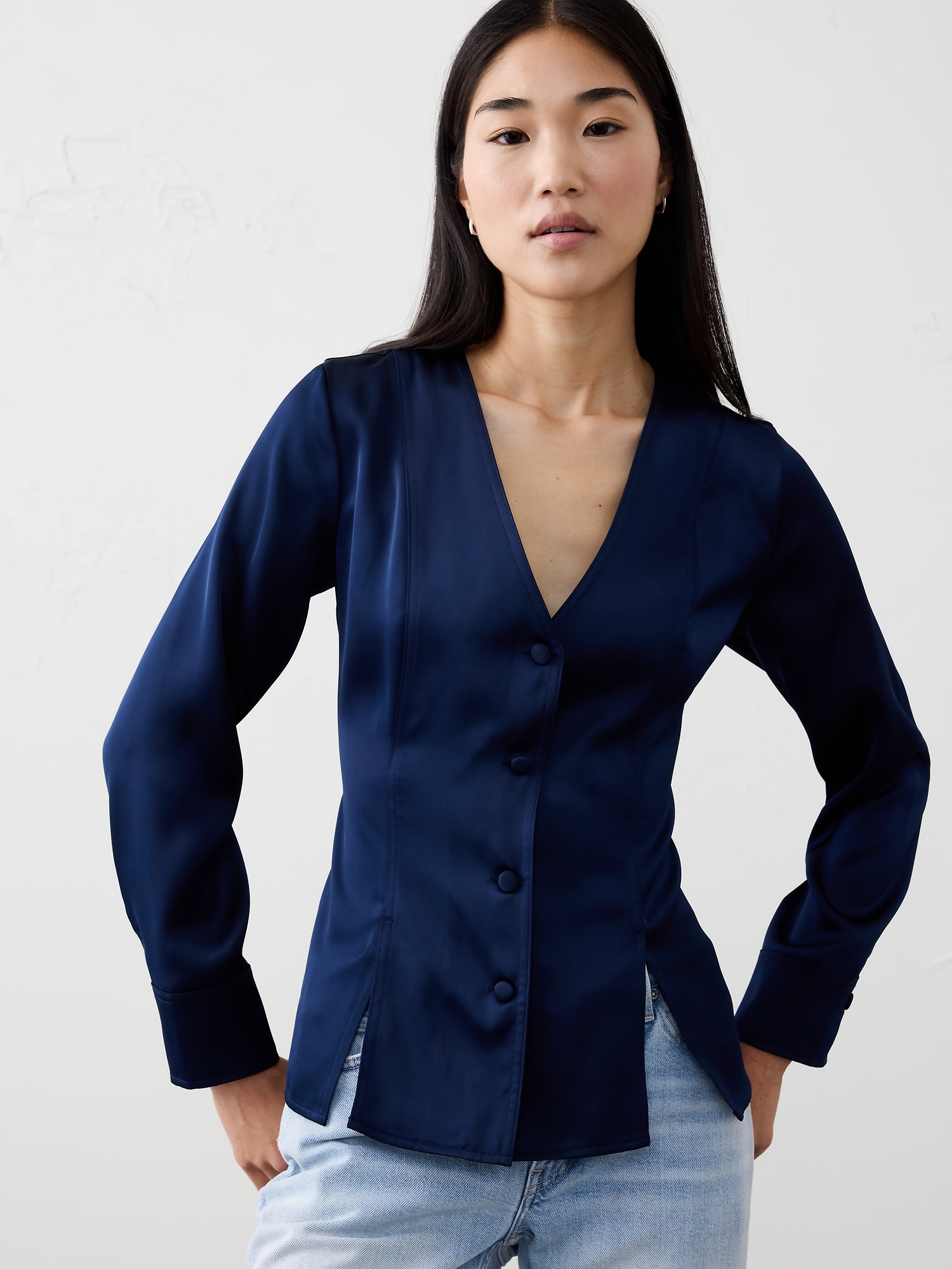 Silky Seamed Slit Blouse - Preppy Navy