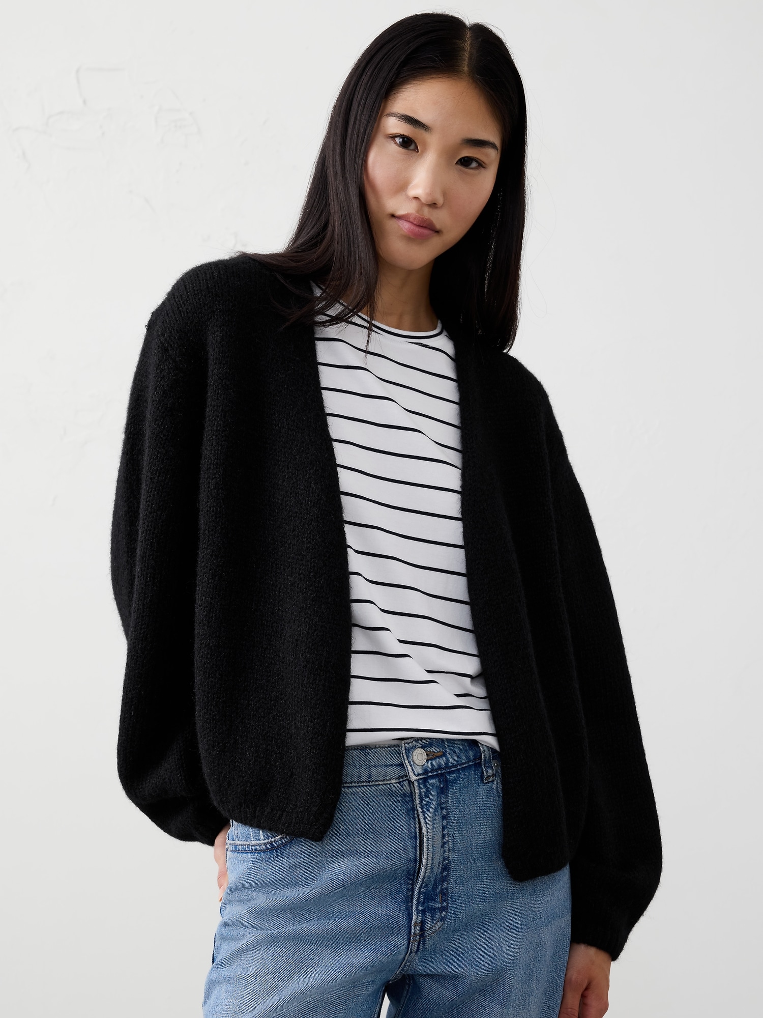 Brushed Cozy Open-Front Cardigan Sweater - Black