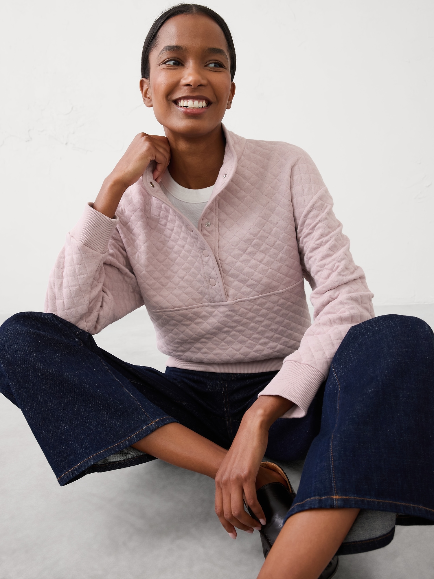 Snap-Collar Quilted Sweatshirt - Silver Rose