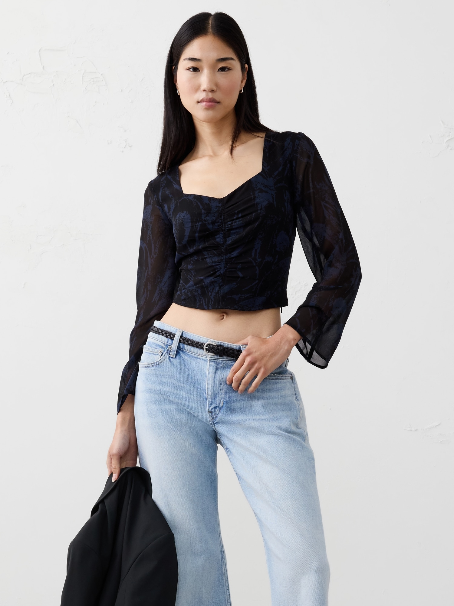 Cropped Shirred Sweetheart-Neck Top - Blue Feather