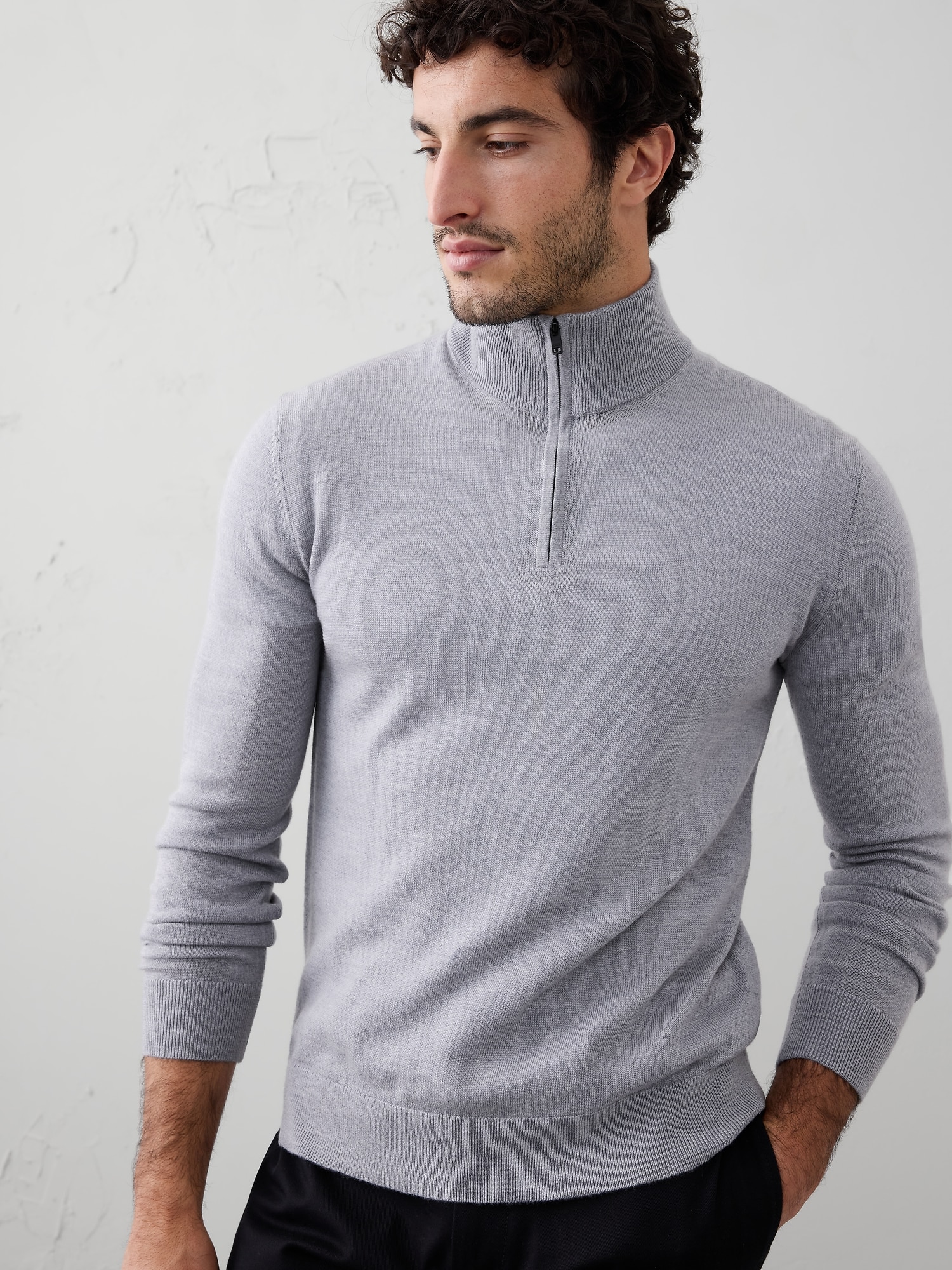 Merino Wool Half-Zip Sweater - Grey