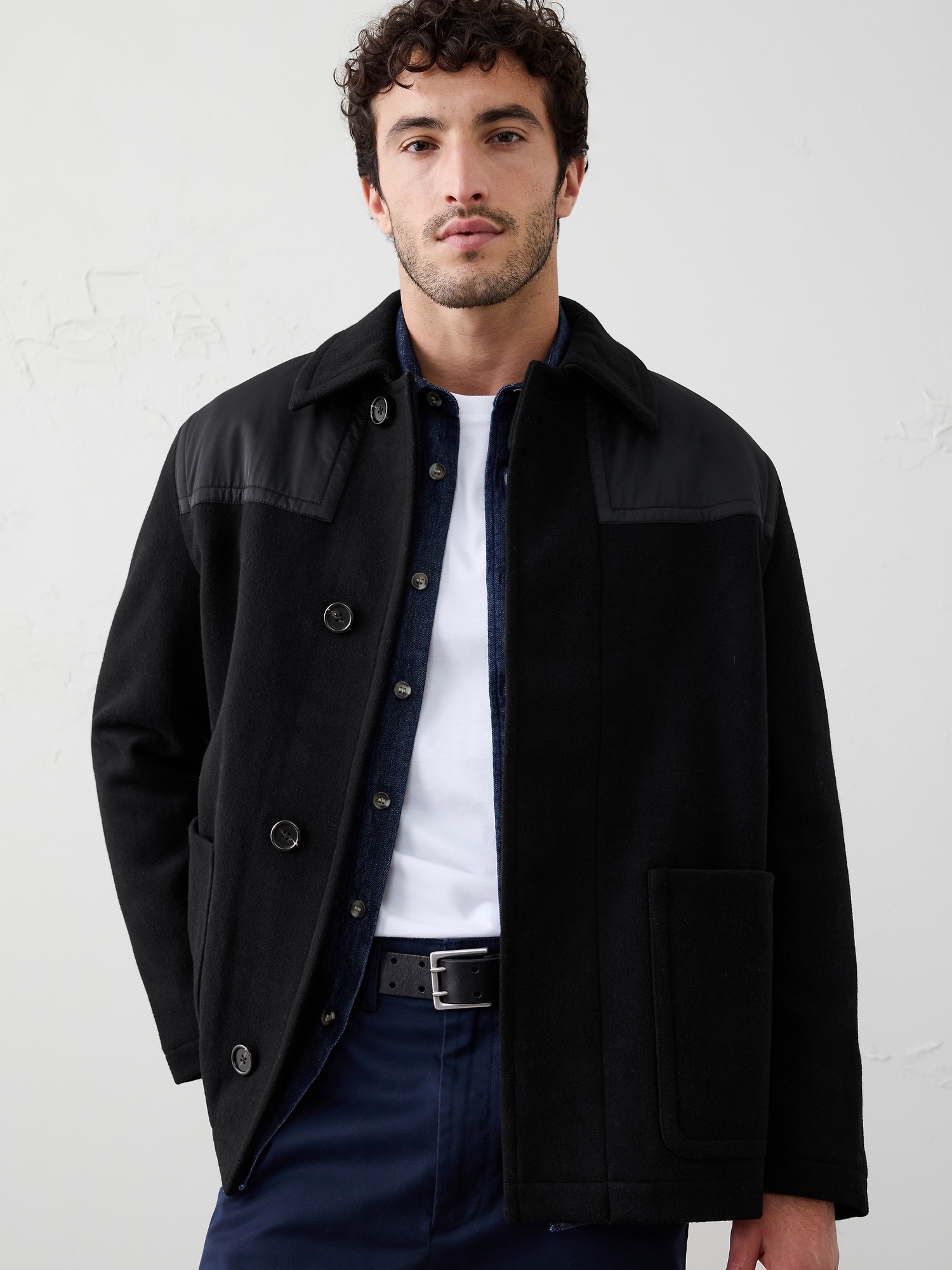 Wool-Blend Mixed Media Coat