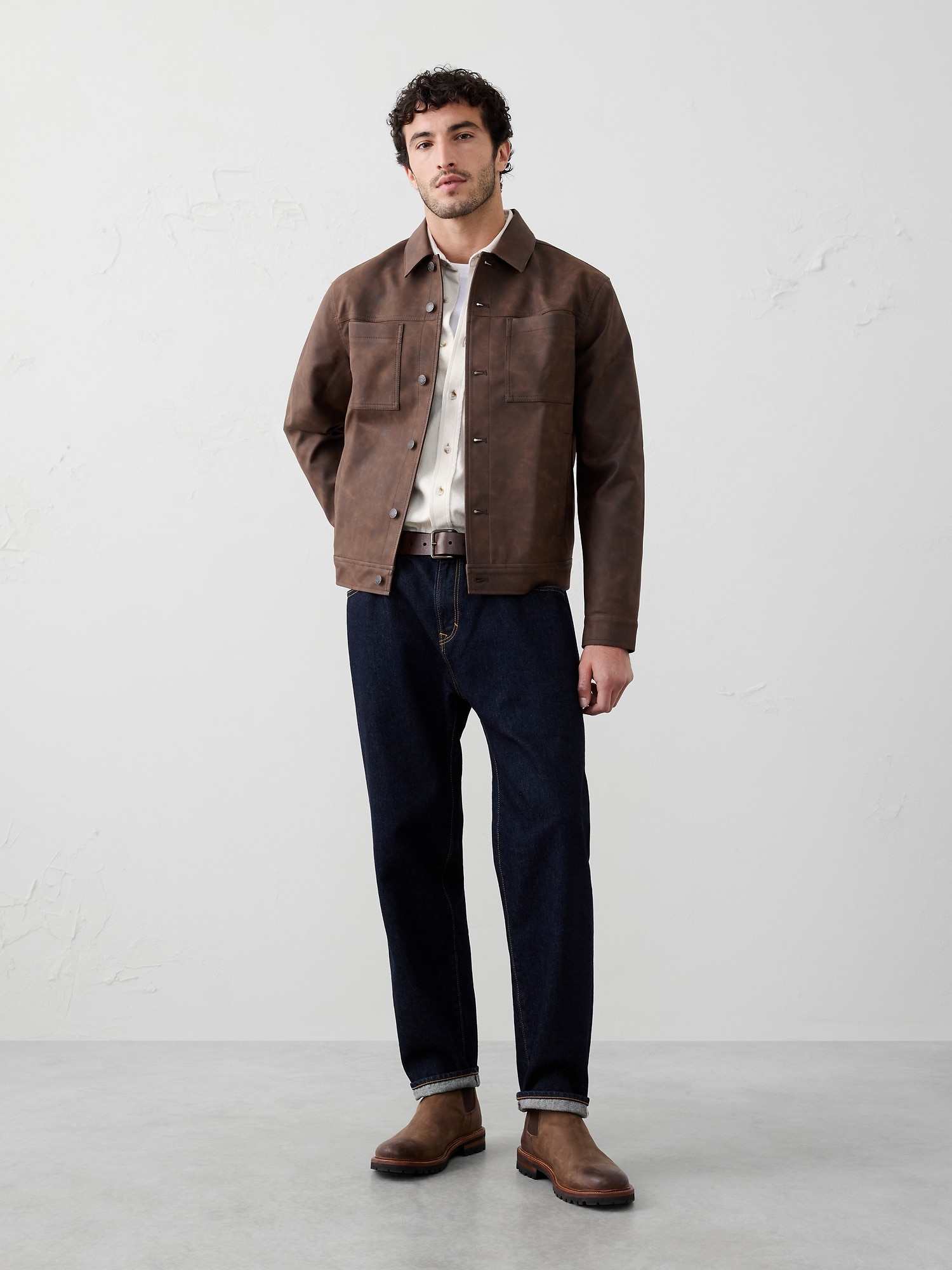 Vegan Leather Trucker Jacket - New Distressed Brown
