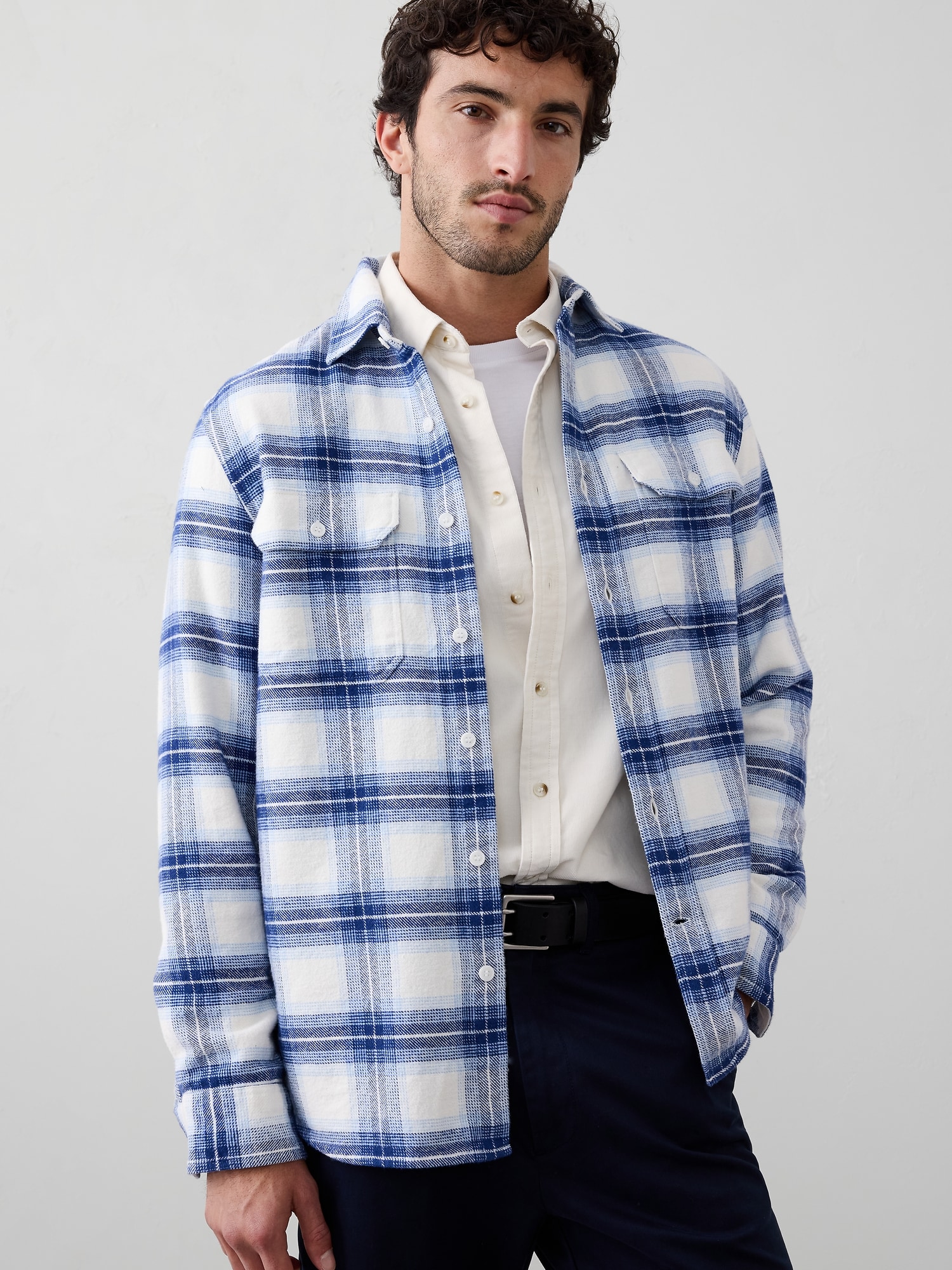 Standard-Fit Heavyweight Flannel Shirt - White With Blue Plaid