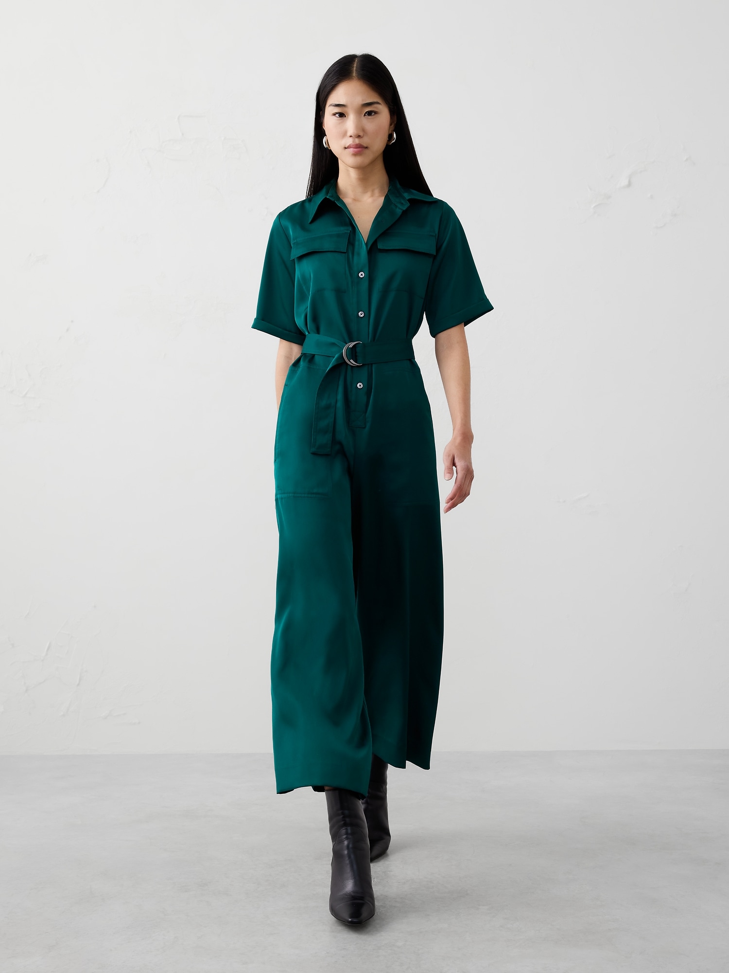 Satin Utility Jumpsuit - Sapphire Green