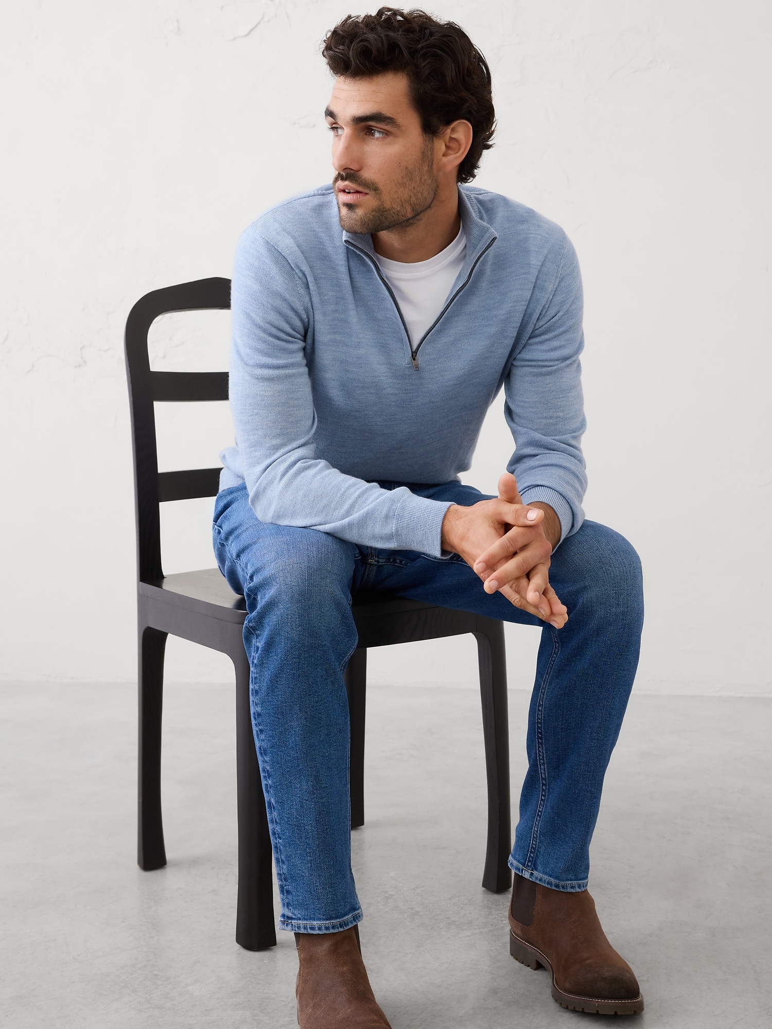 Merino Wool Half-Zip Sweater - Blue Heather
