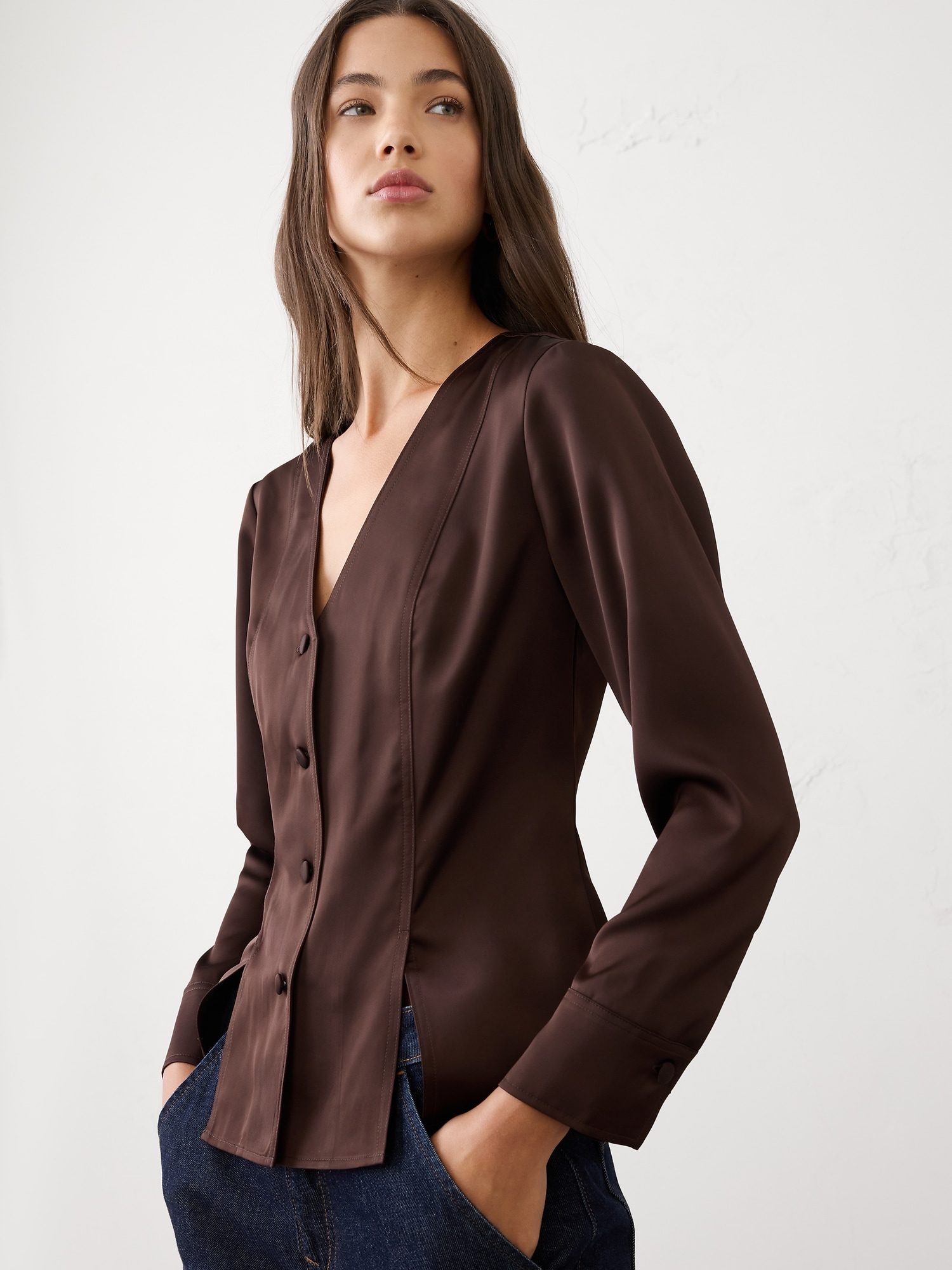 Silky Seamed Slit Blouse - Dark Oak