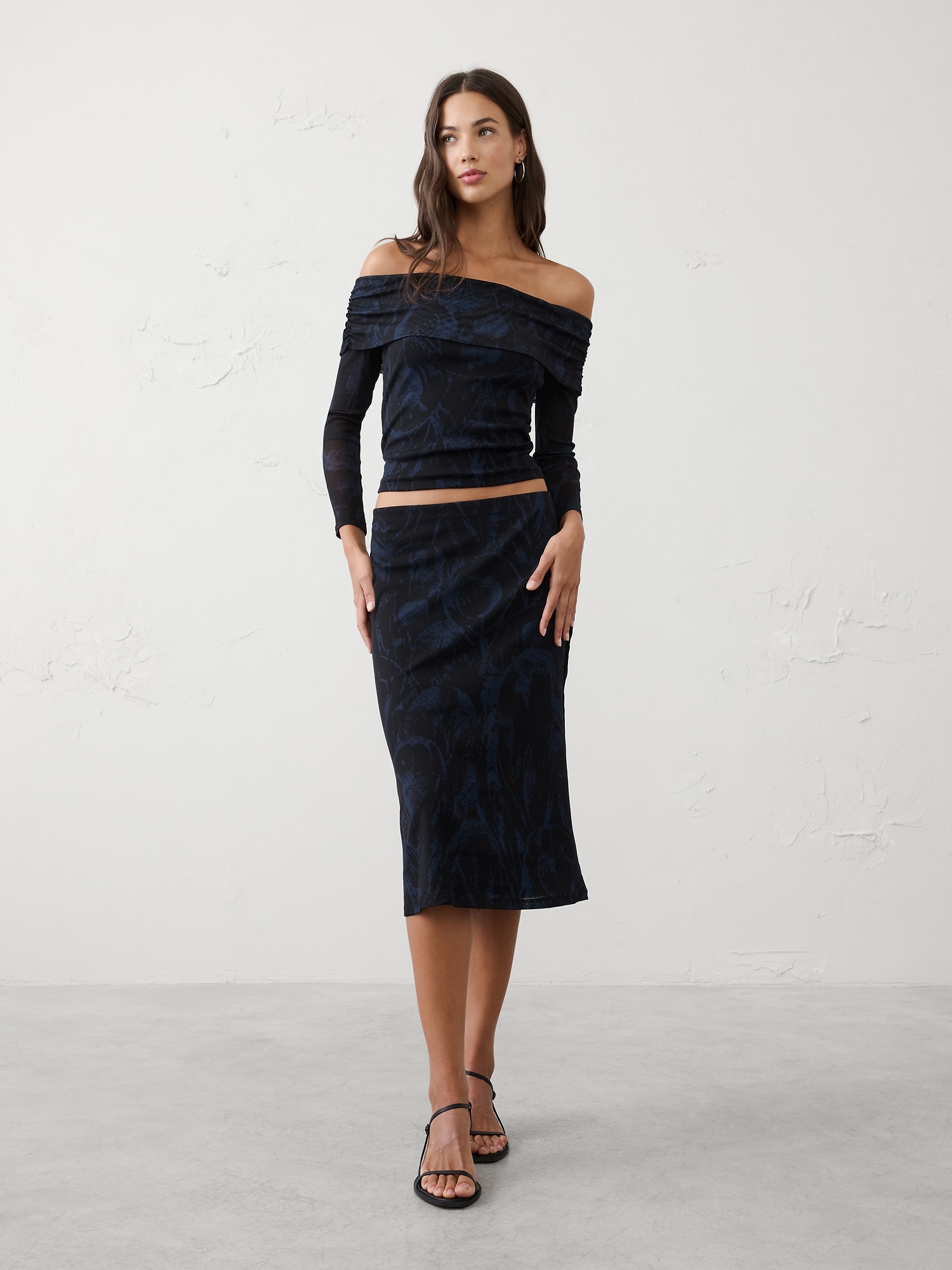 Off-Shoulder Mesh Top - Blue Feather