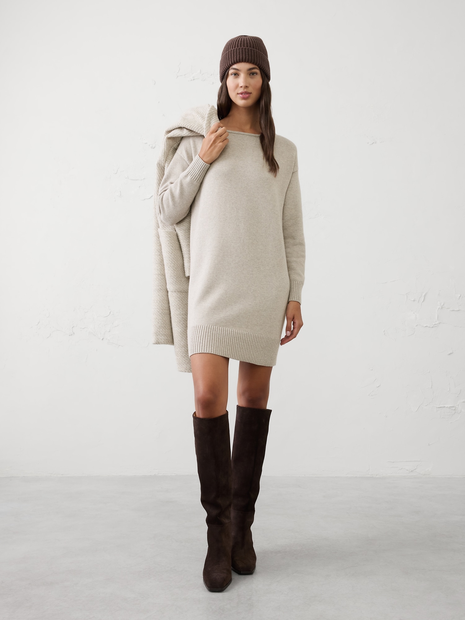 Boatneck Mini Sweater Dress - Taupe Heather