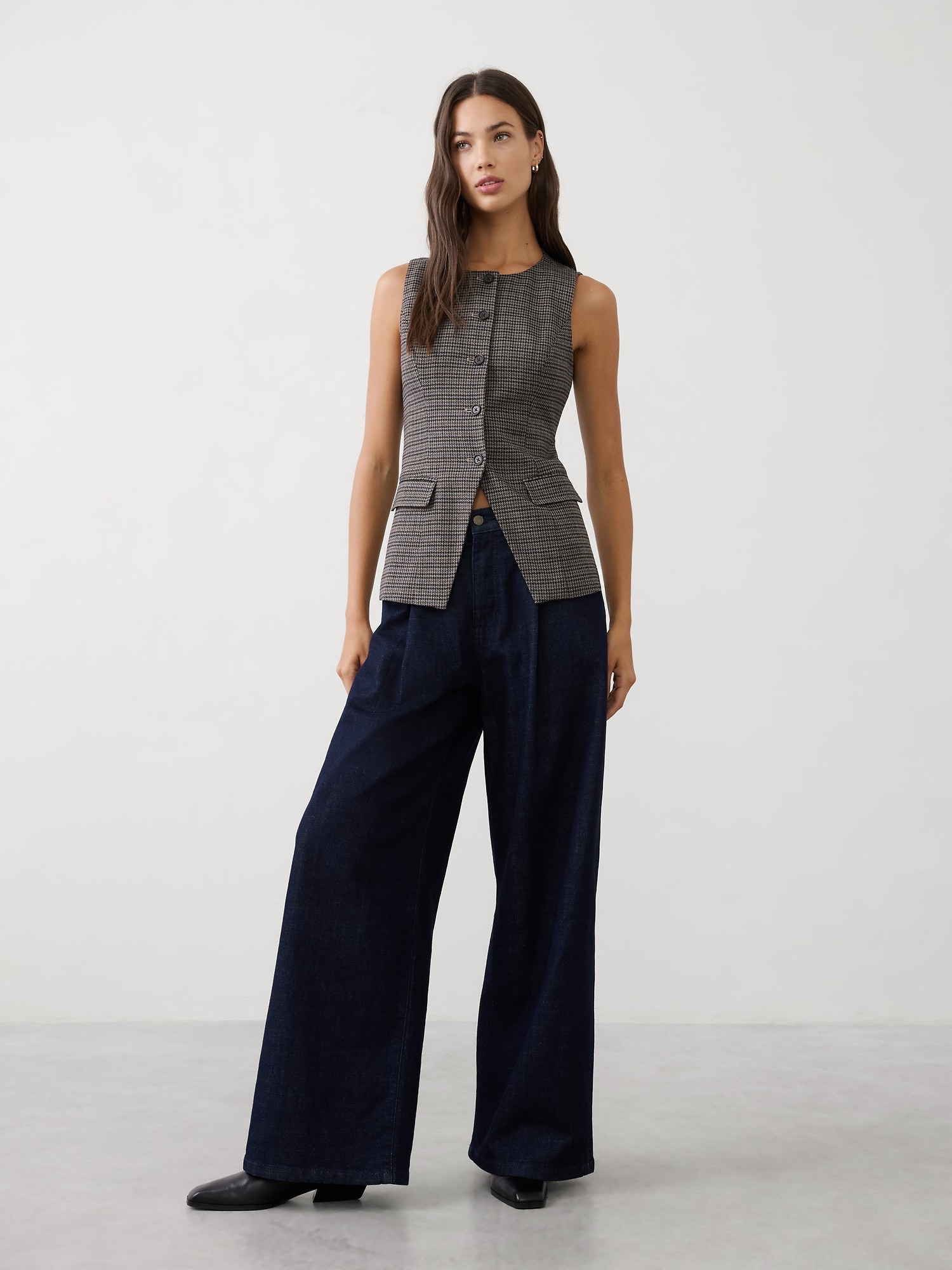 Houndstooth Long Vest - Multi Houndstooth