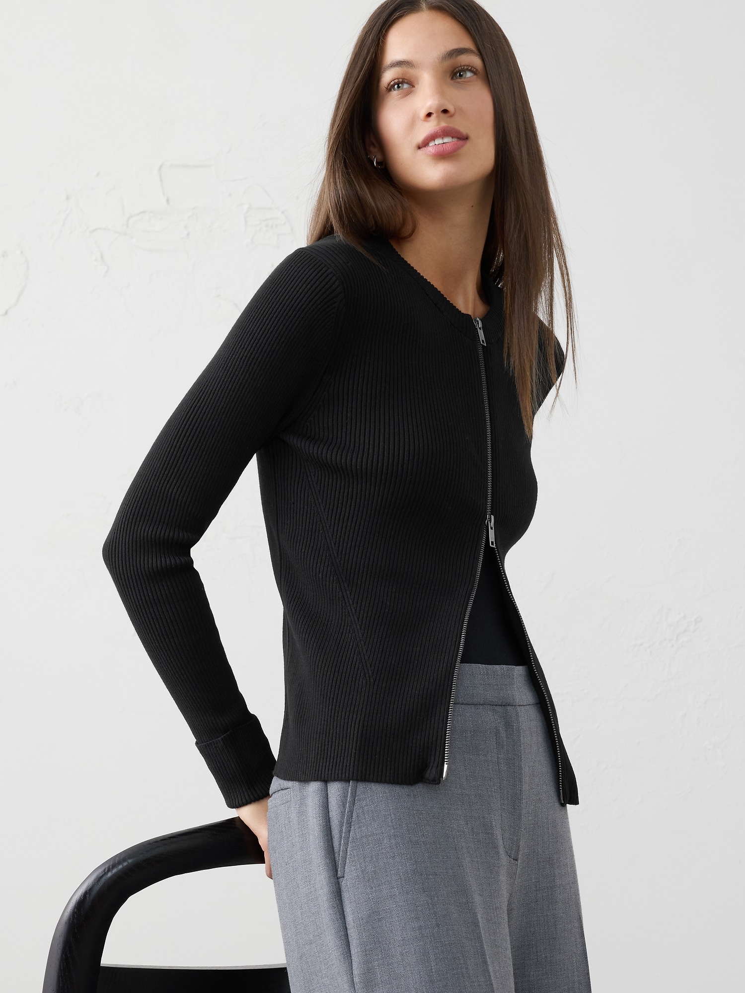 Double Zipper Ribbed Cardigan - Black