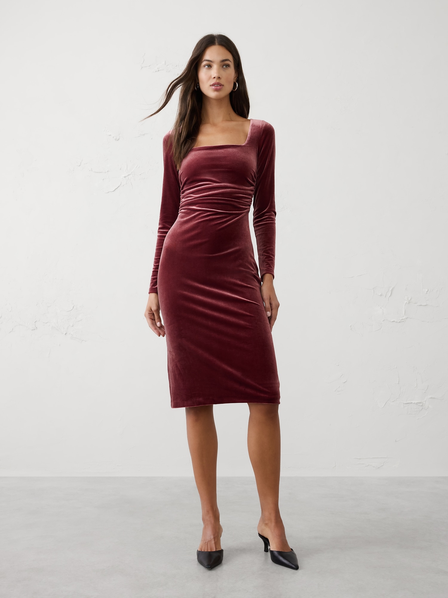 Velvet Shirred-Waist Knee-Length Dress - Cherry Jam