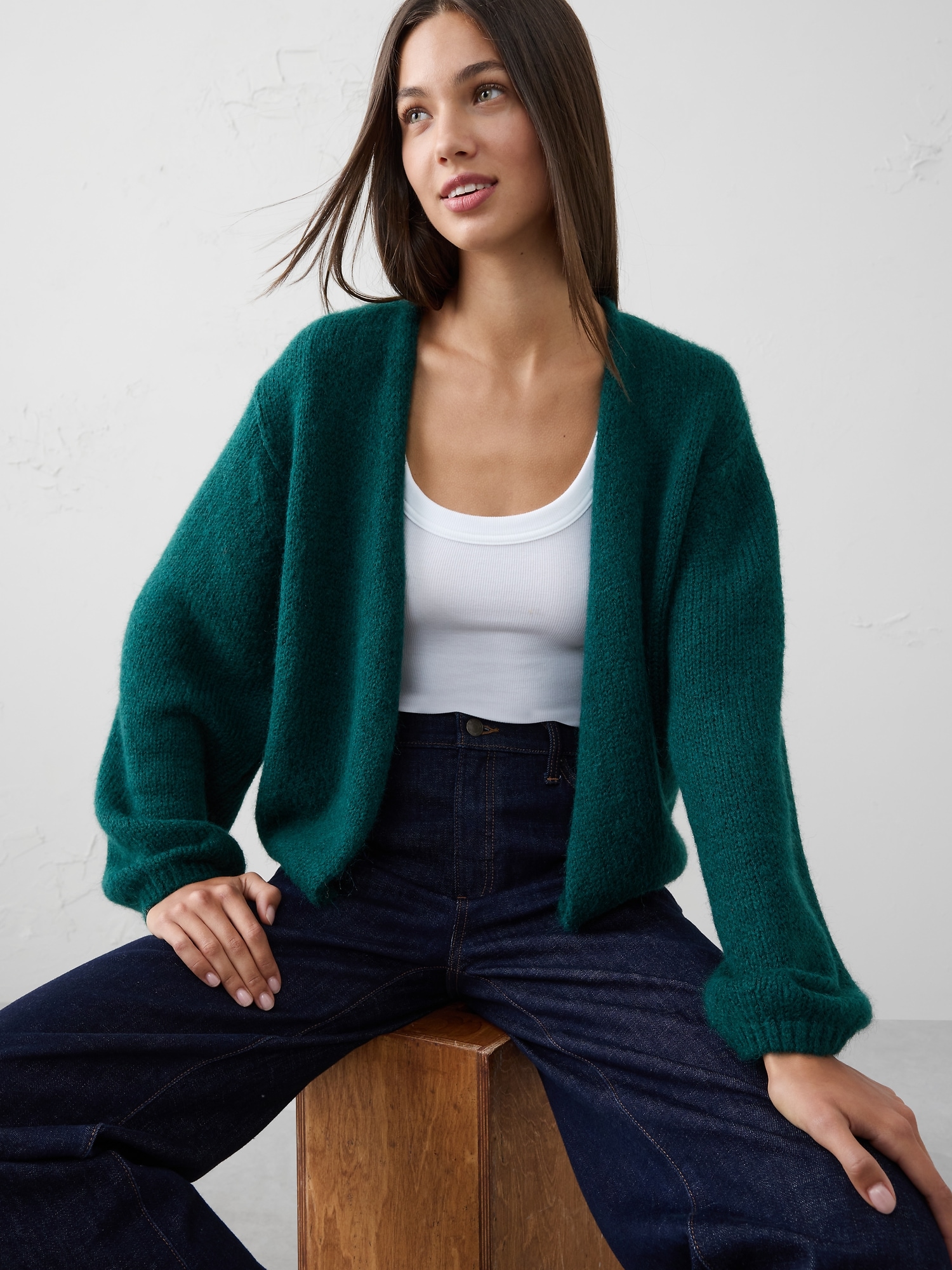 Brushed Cozy Open-Front Cardigan Sweater - Sapphire Green