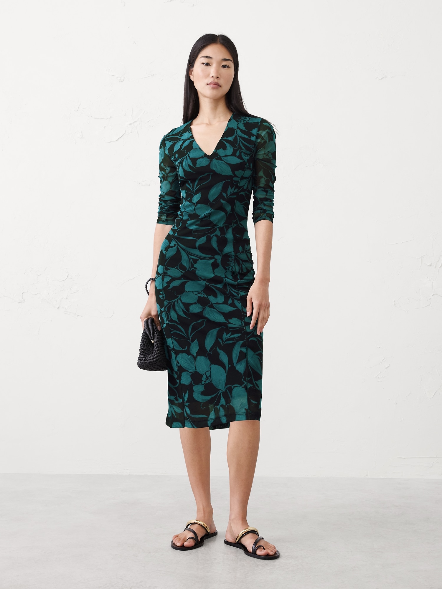 Mesh Below-Knee Dress - Green Floral
