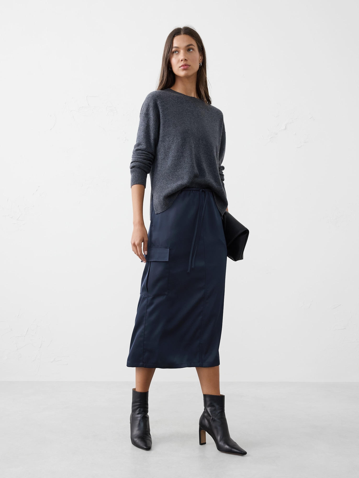 Satin Cargo Midi Skirt - Preppy Navy