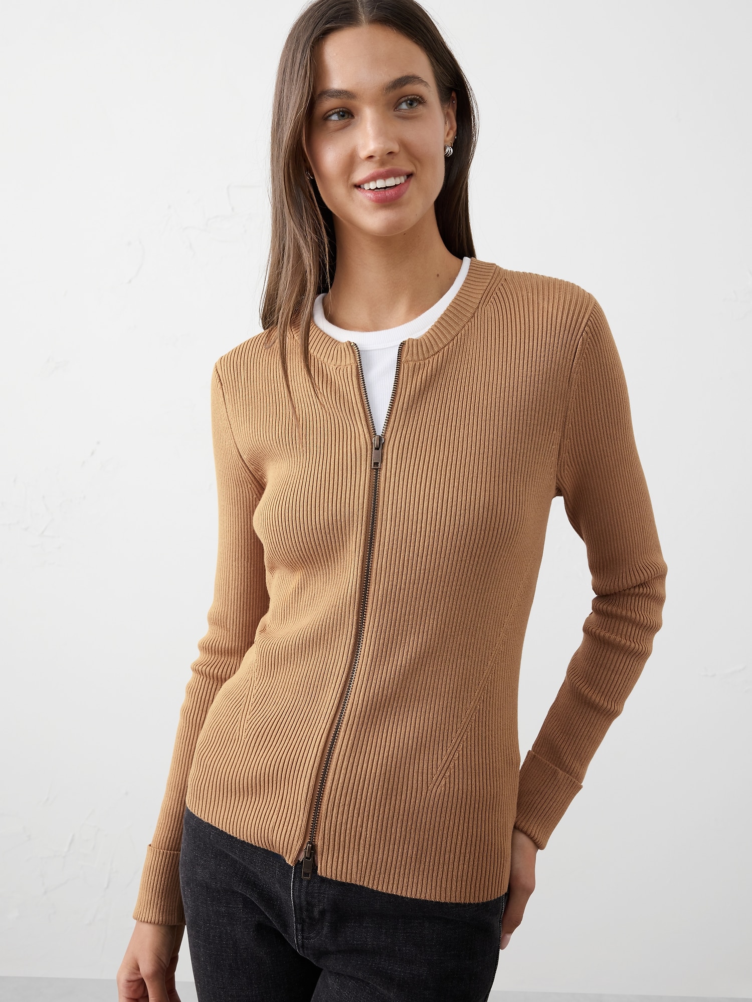 Double Zipper Ribbed Cardigan - Afternoon Latte