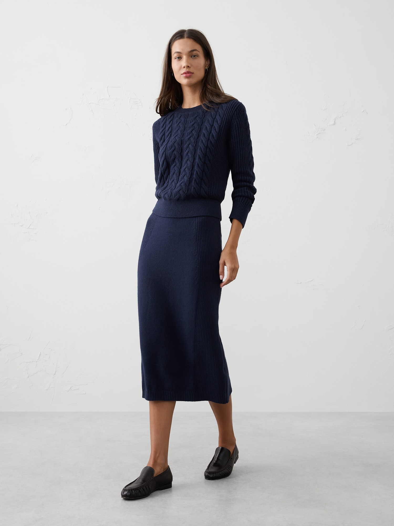 Ribbed Midi Sweater Skirt - Preppy Navy