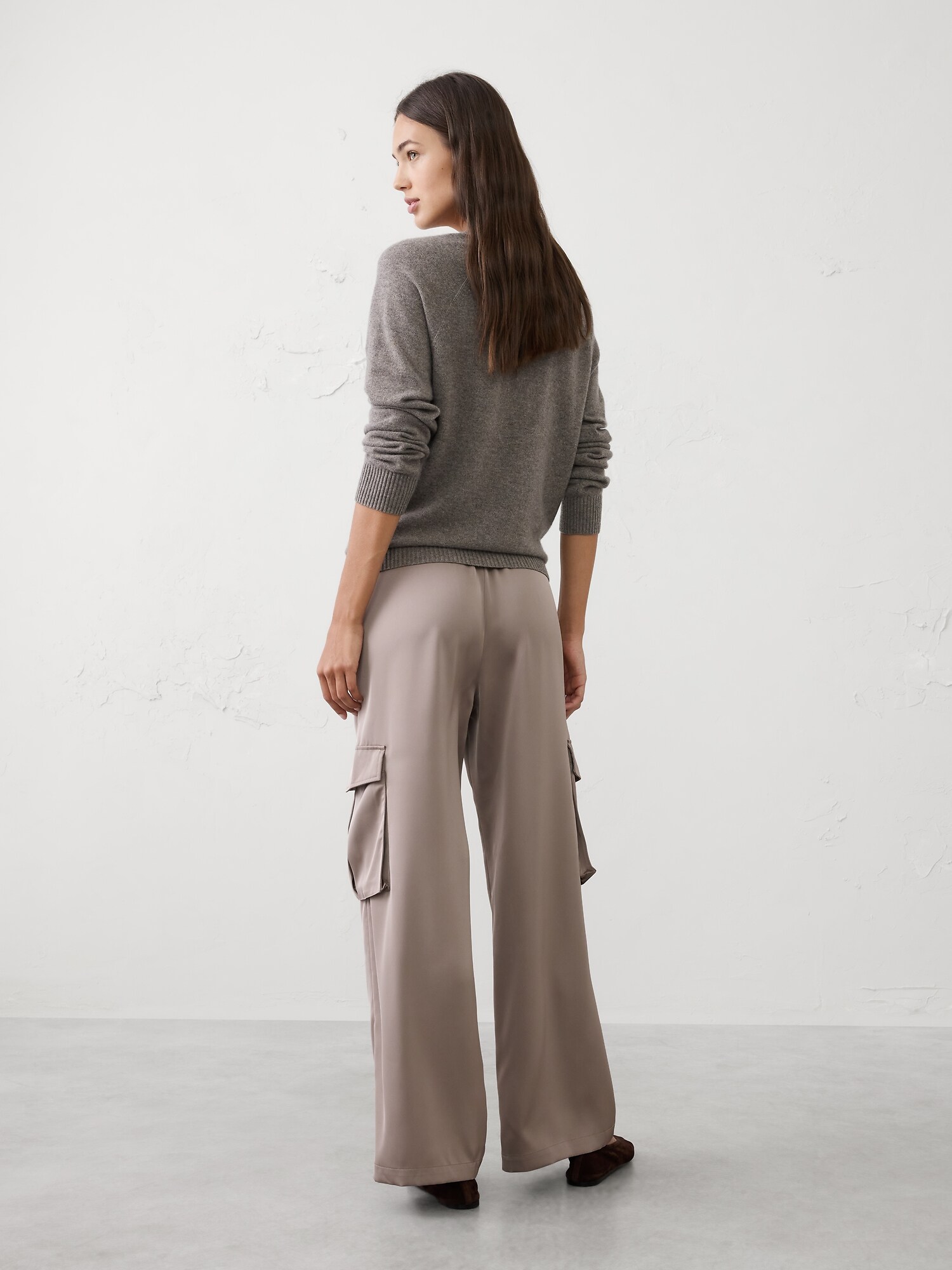 Image number 2 showing, Wide-Leg Mid-Rise Satin Pull-On Cargo Pant