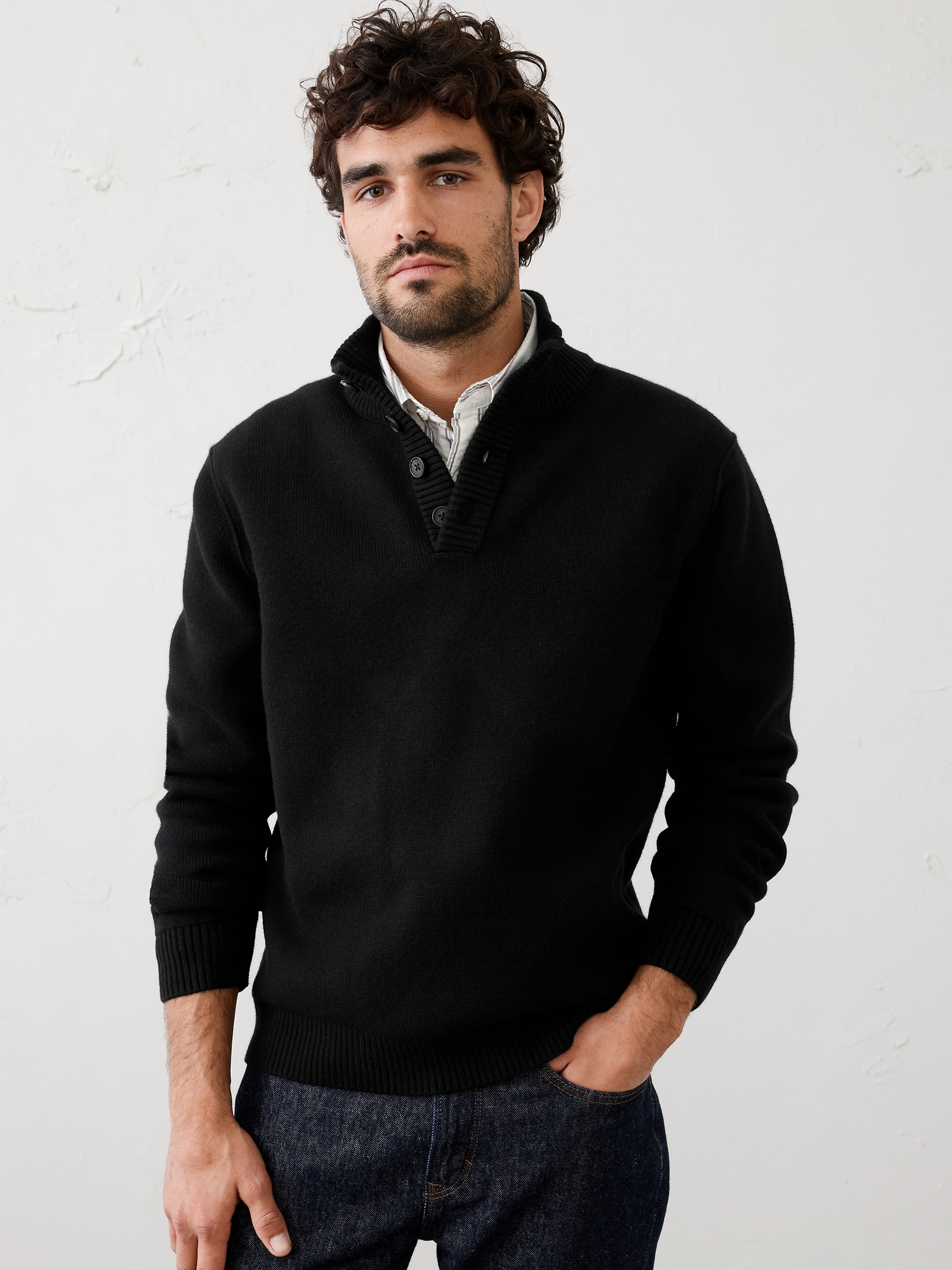 Button Mock-Neck Sweater - Black