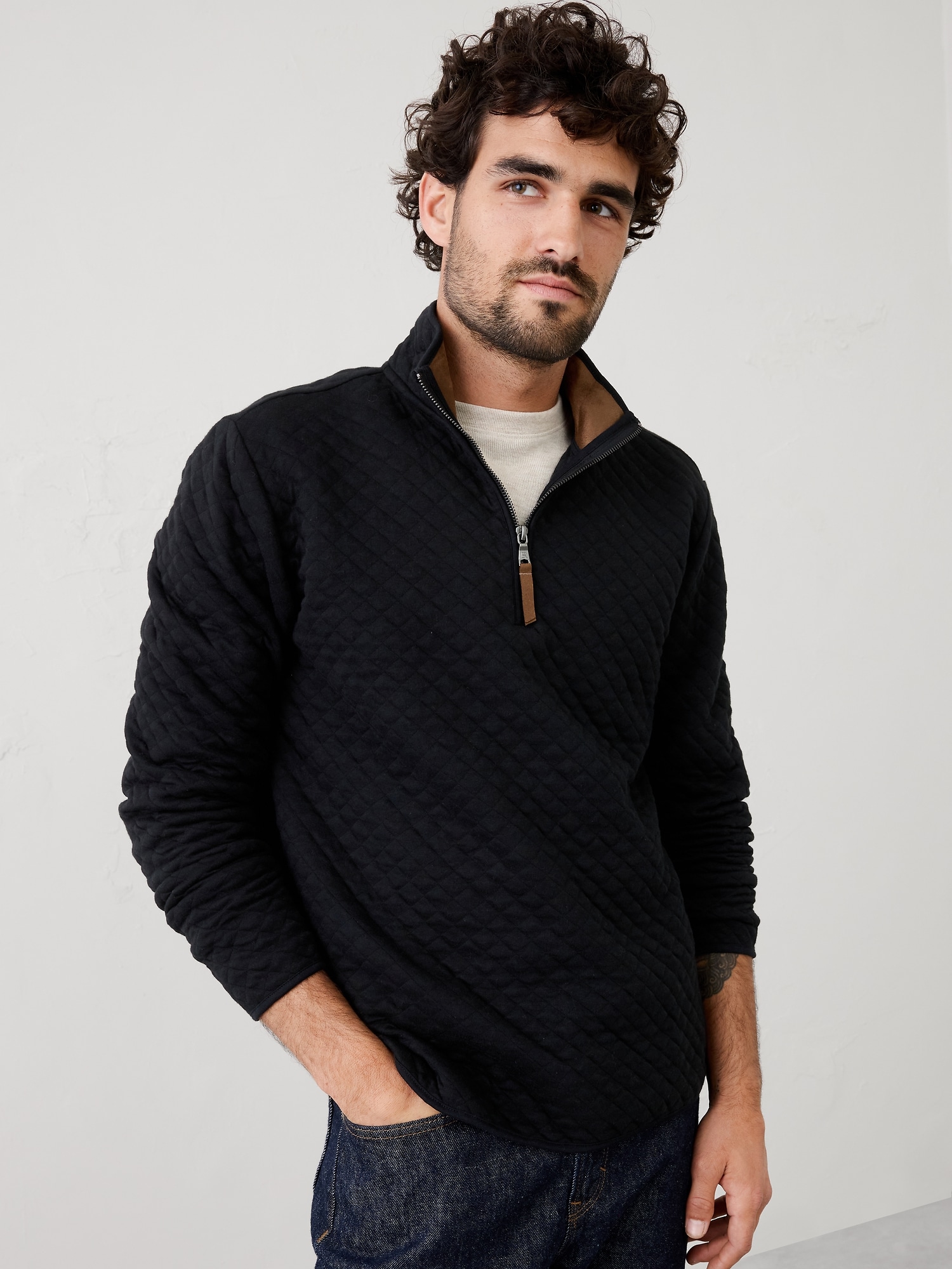 Quilted Knit Half-Zip Pullover - Black