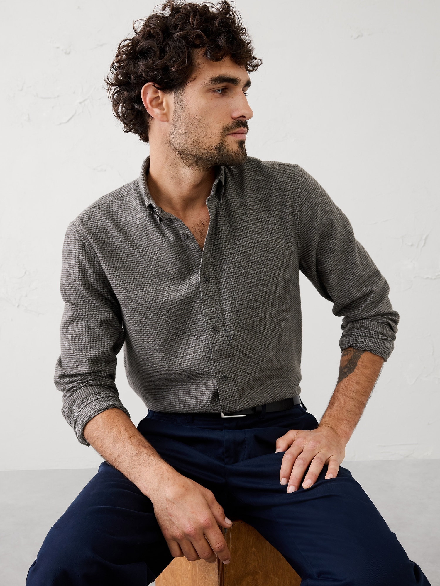 Slim-Fit Lightweight Flannel Shirt - Multi Houndstooth