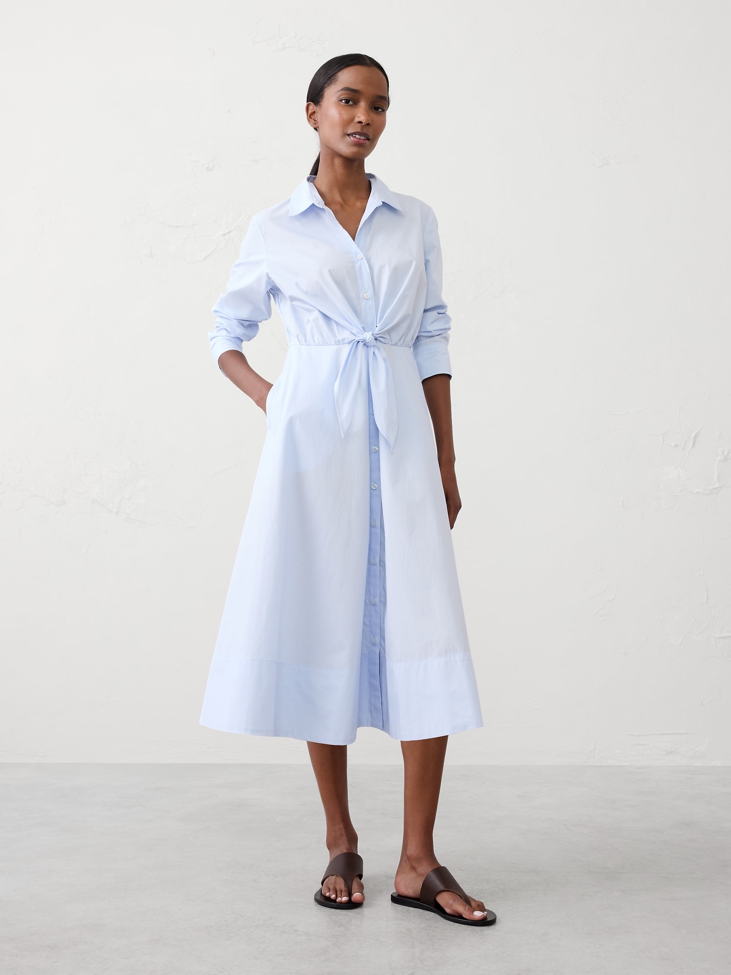 Cuffed Tie-Front Midi Shirtdress - Crisp Blue