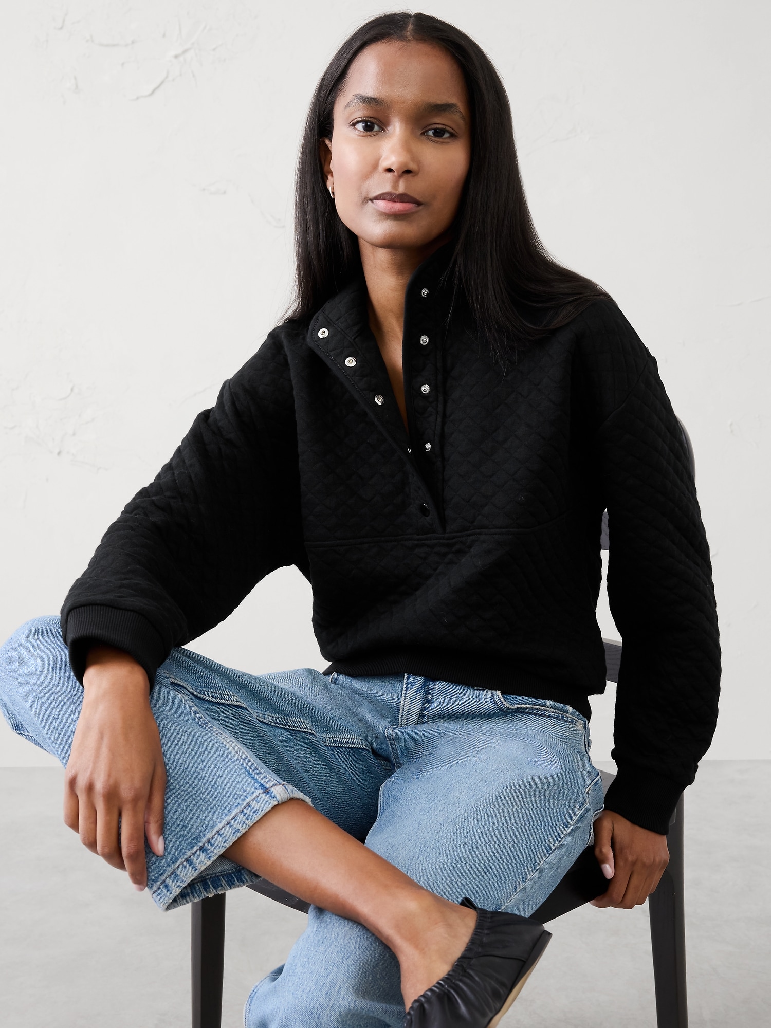 Snap-Collar Quilted Sweatshirt