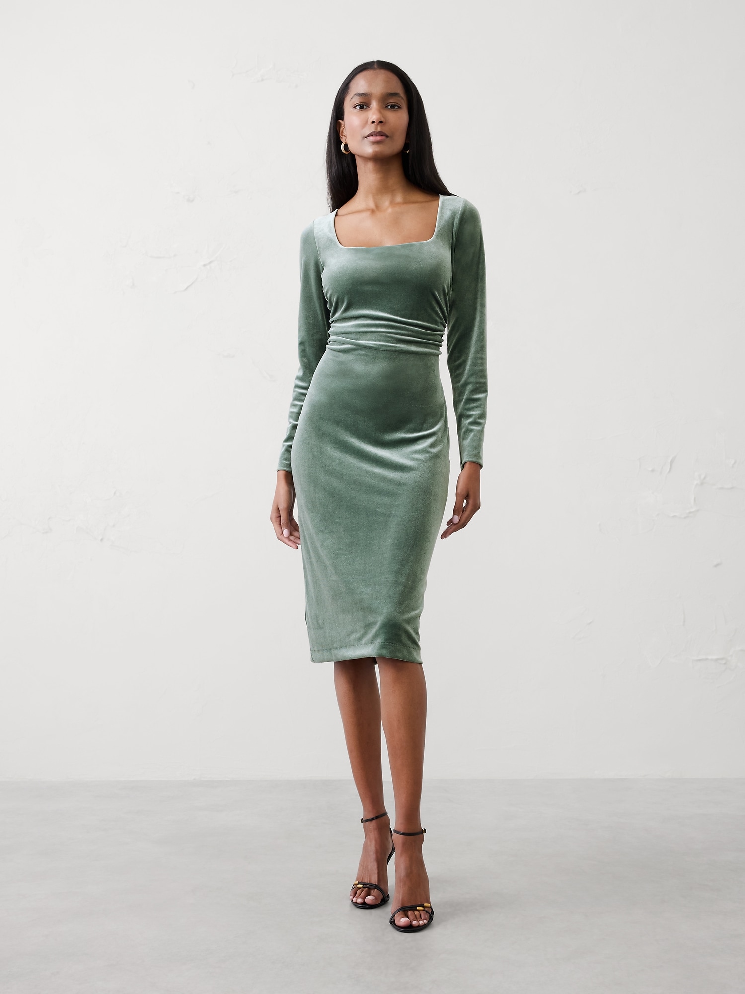 Velvet Shirred-Waist Knee-Length Dress