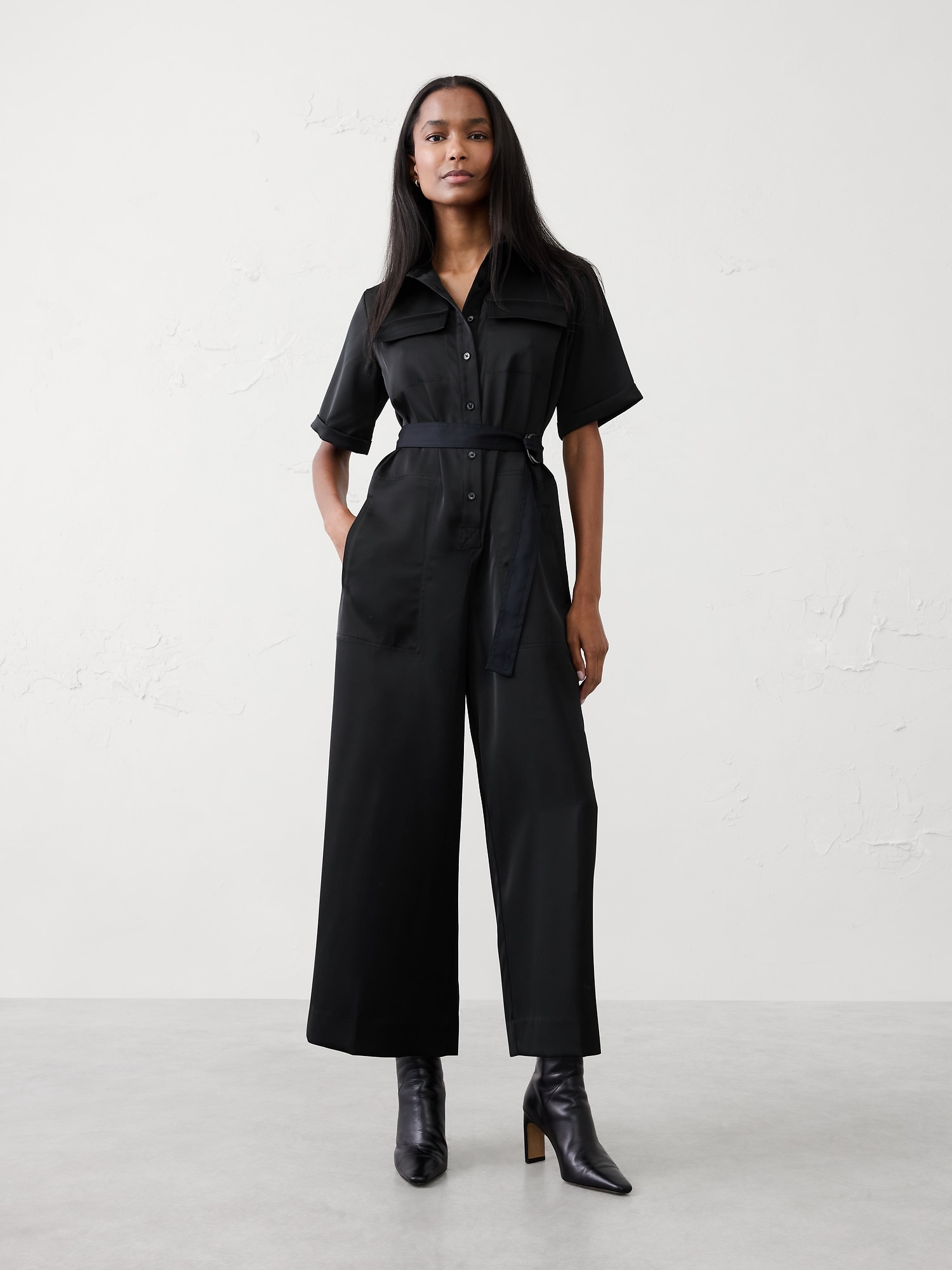 Satin Utility Jumpsuit - Black