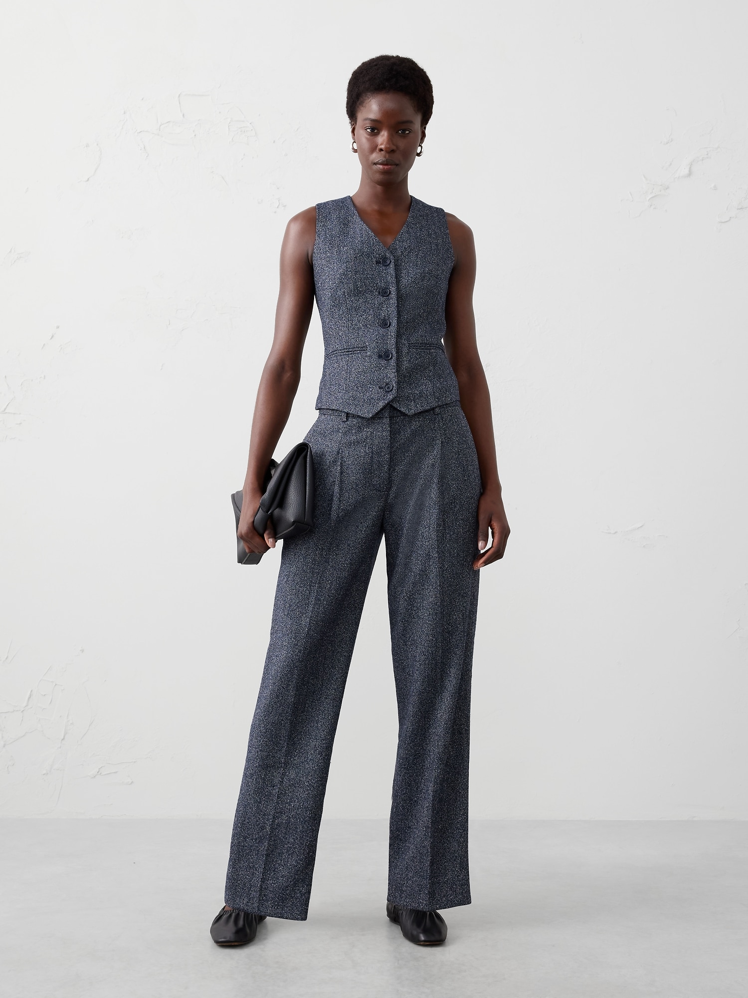 Straight High-Rise Herringbone Trouser - Navy Texture